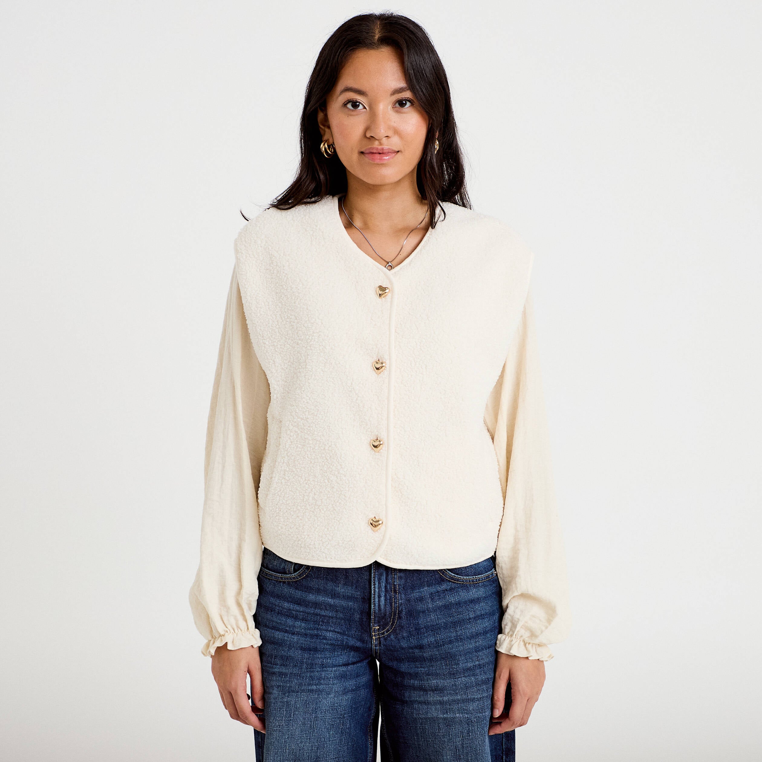 Gilet sans manches effet polaire ecru femme
