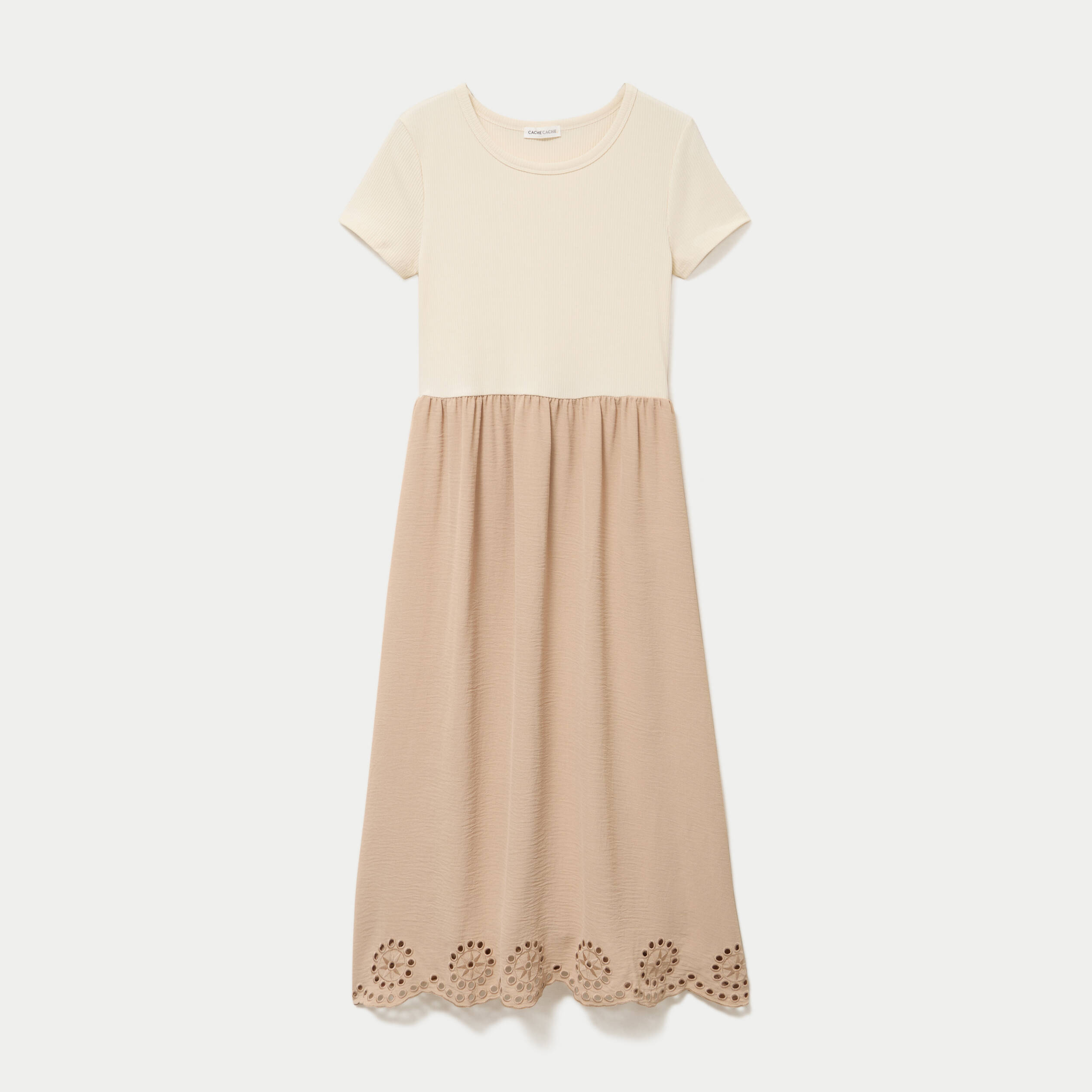 Robe longue &eacute;vas&eacute;e bi-mati&egrave;re brod&eacute;e sable femme