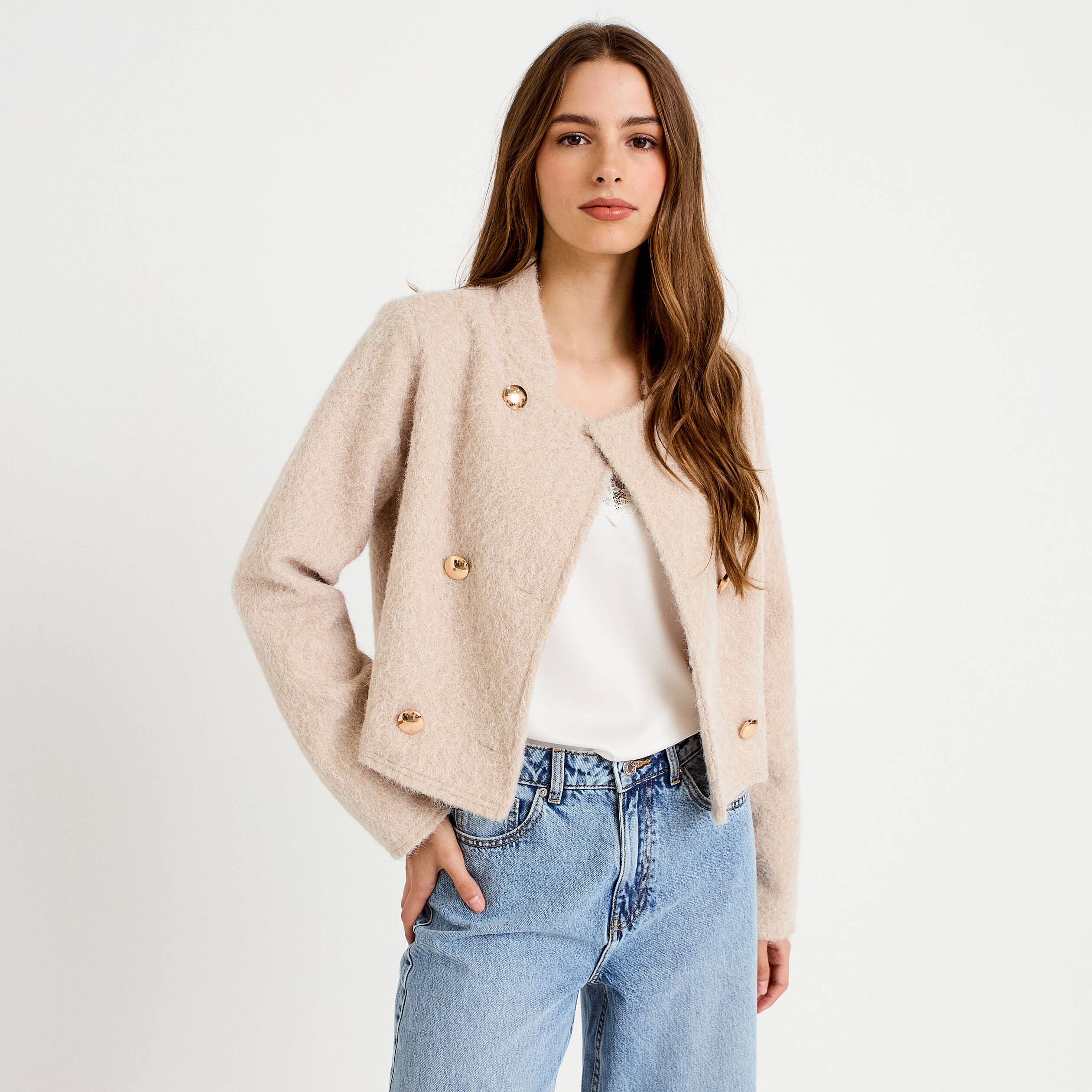 Veste droite cropped effet polaire ivoire femme