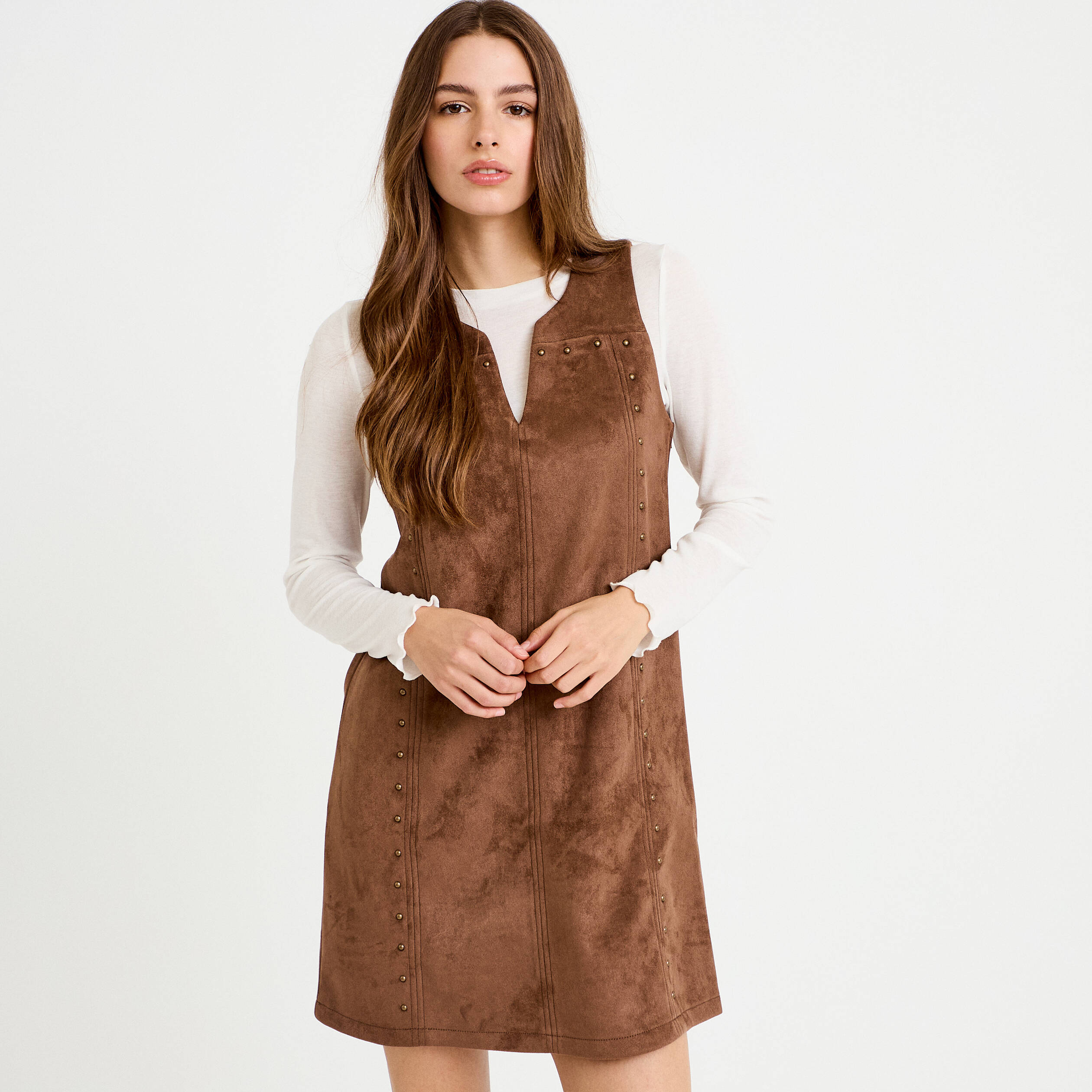 Robe droite courte sans manches col rond marron femme