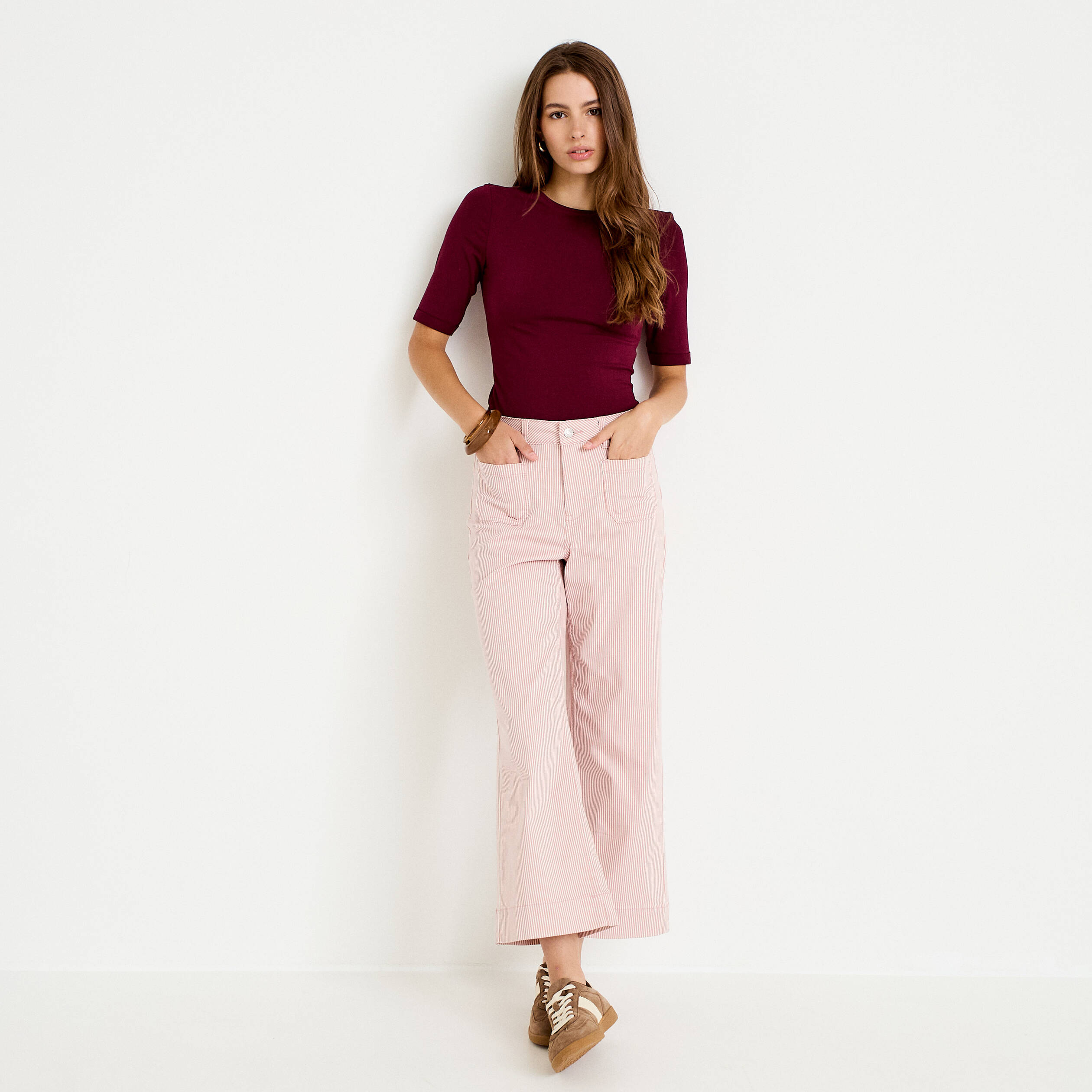 Jean flare cropped taille haute rose nude femme