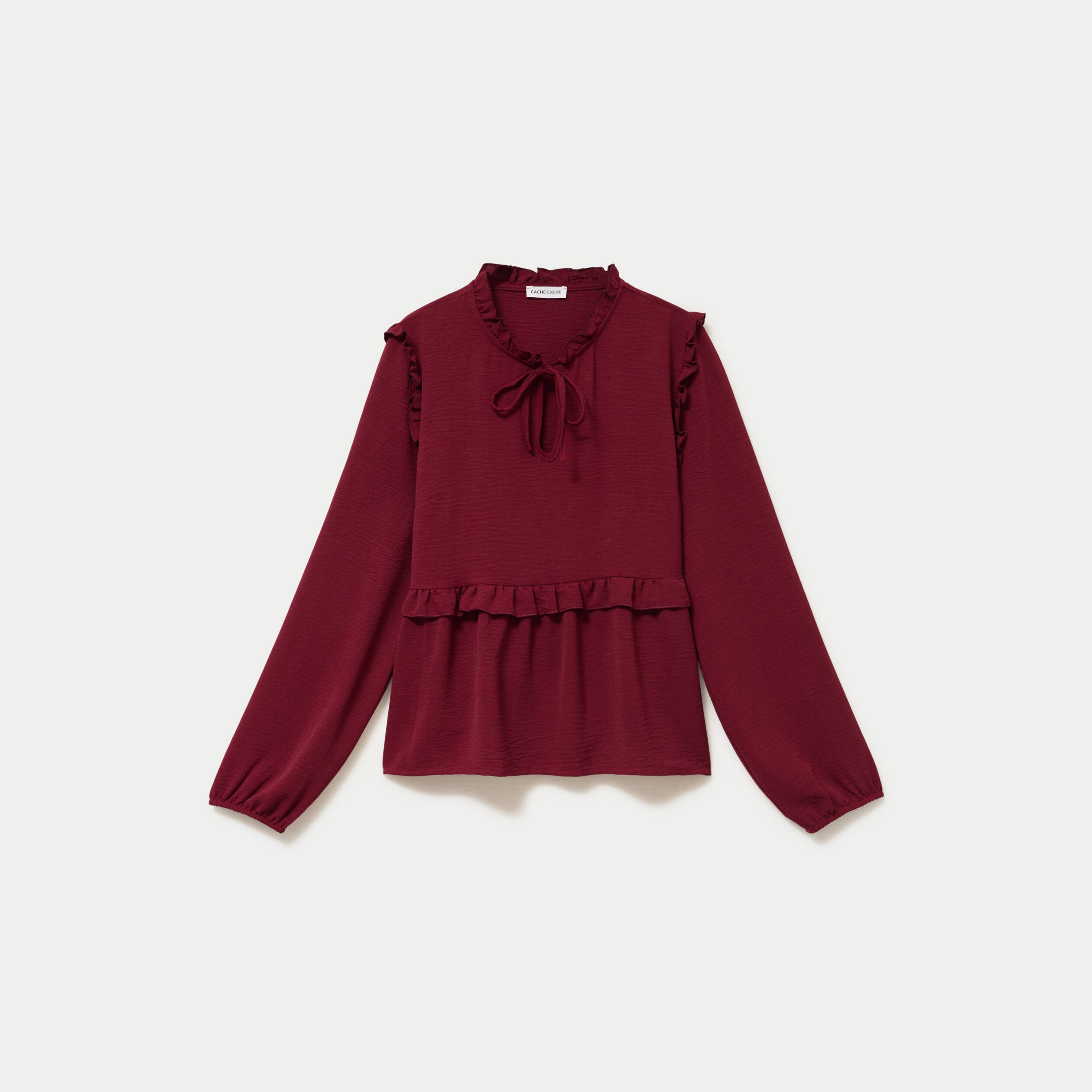 Blouse ample col montant manches longues rouge fonc&eacute; femme