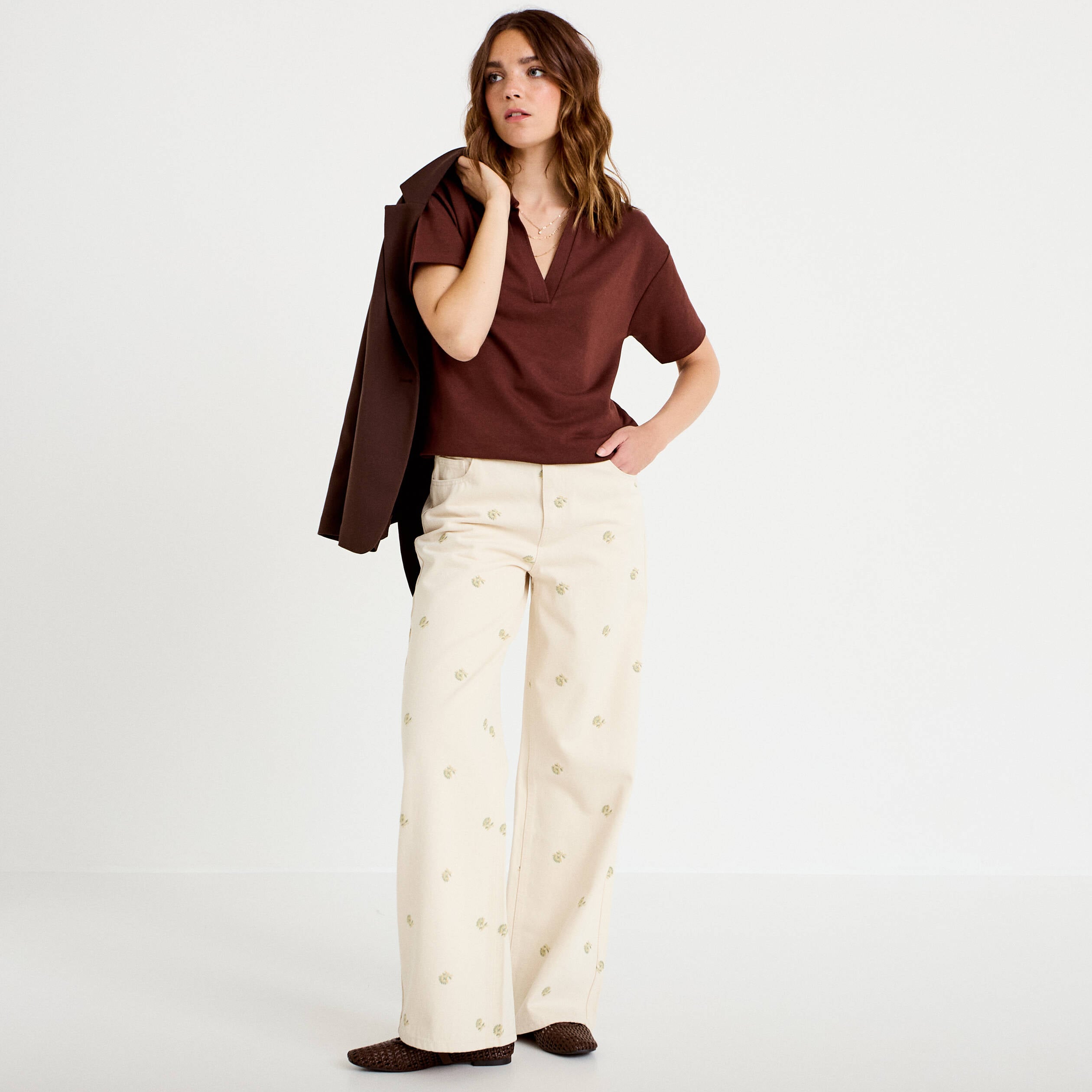Jean wide leg taille haute brod&eacute; denim blanc femme