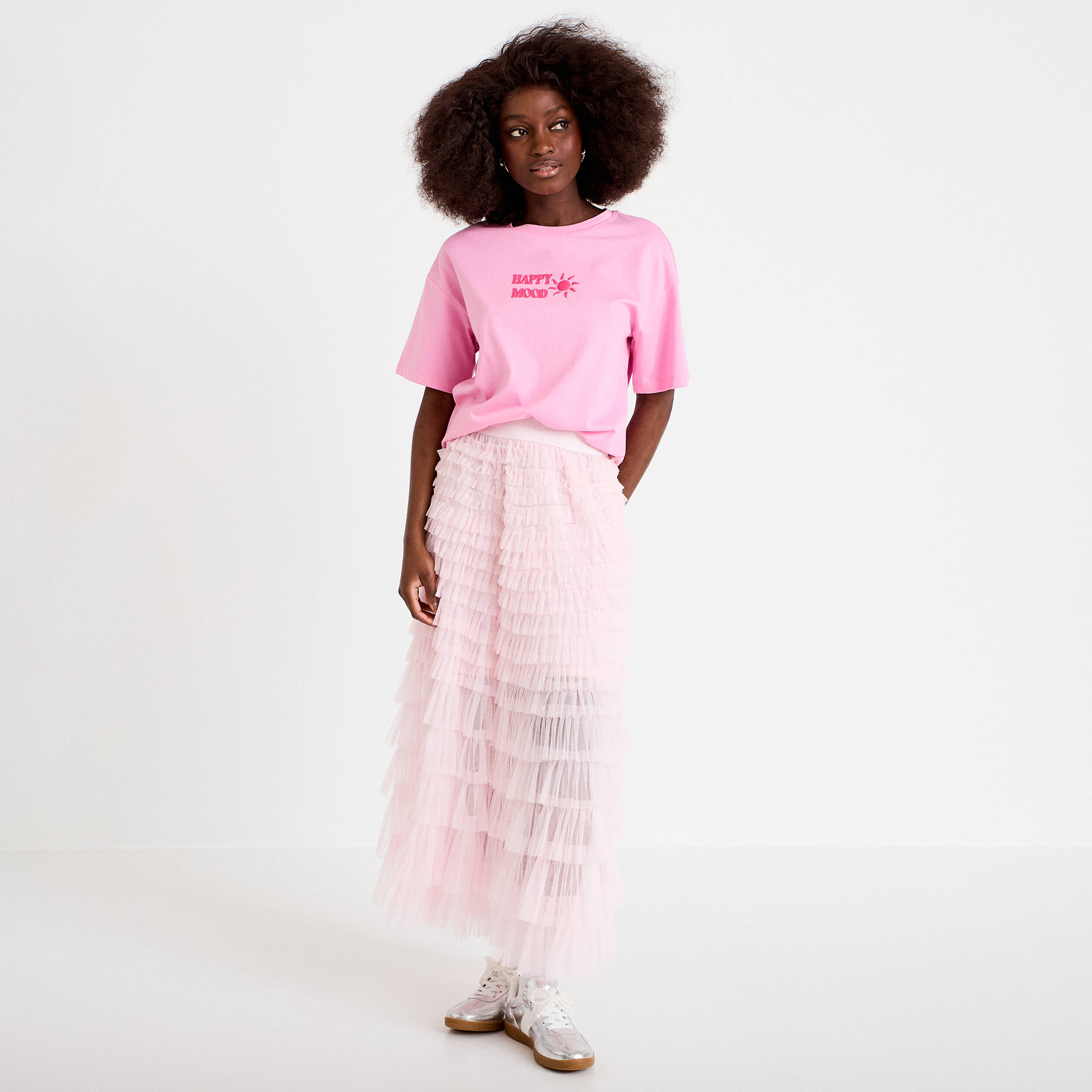 Jupe longue &eacute;vas&eacute;e rose clair femme