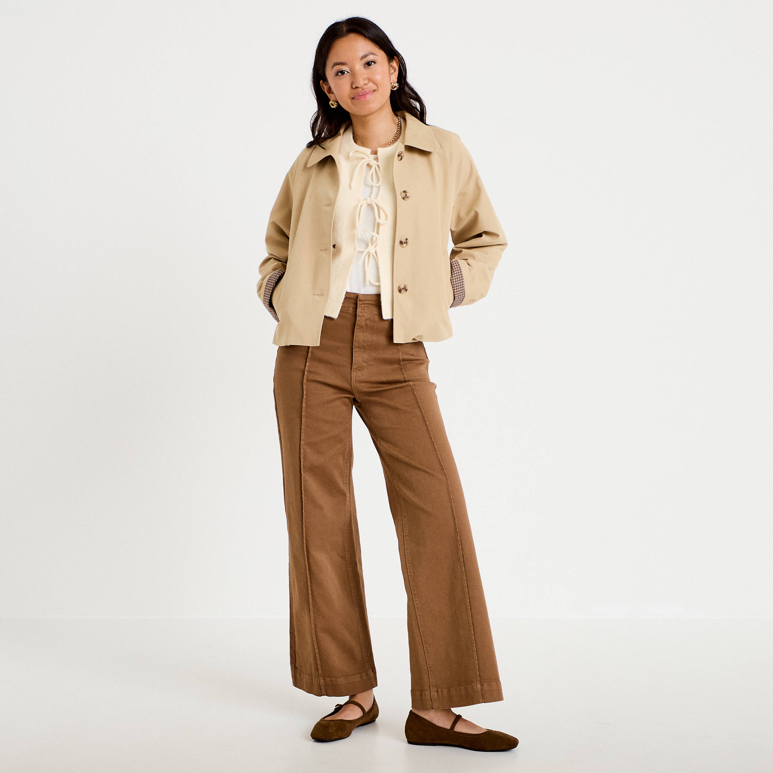 Veste courte boutonn&eacute;e doublure vichy beige femme