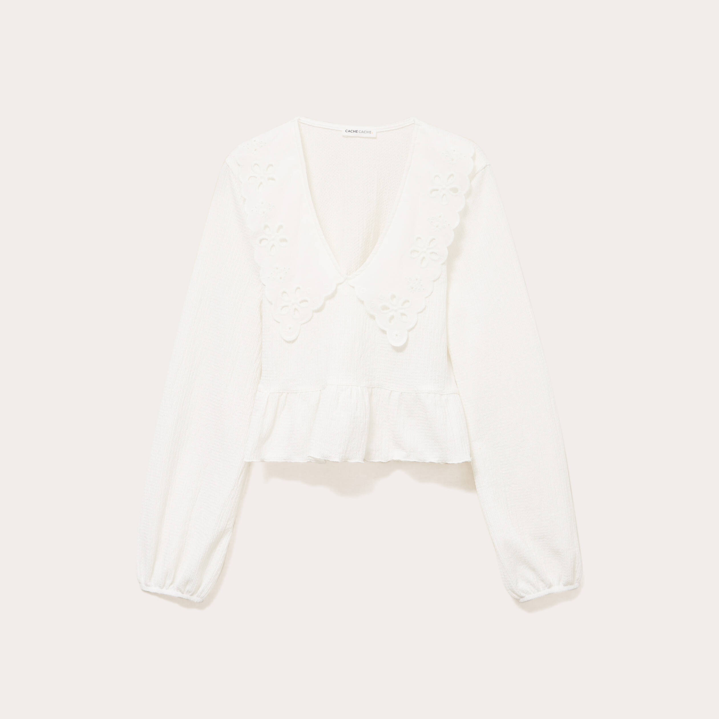 Blouse cropped grand col brod&eacute; ecru femme