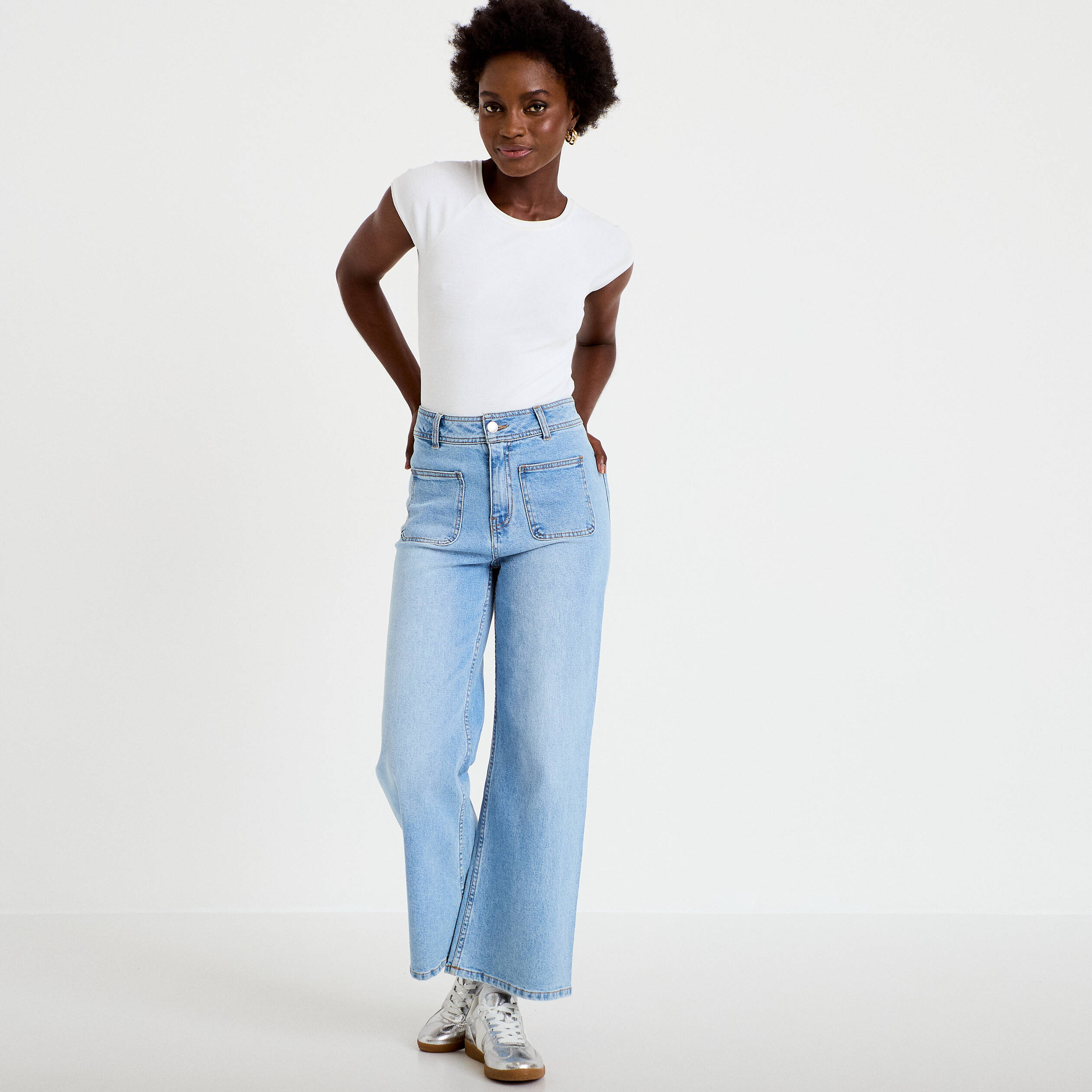 Jean wide leg cropped taille haute denim bleach femme