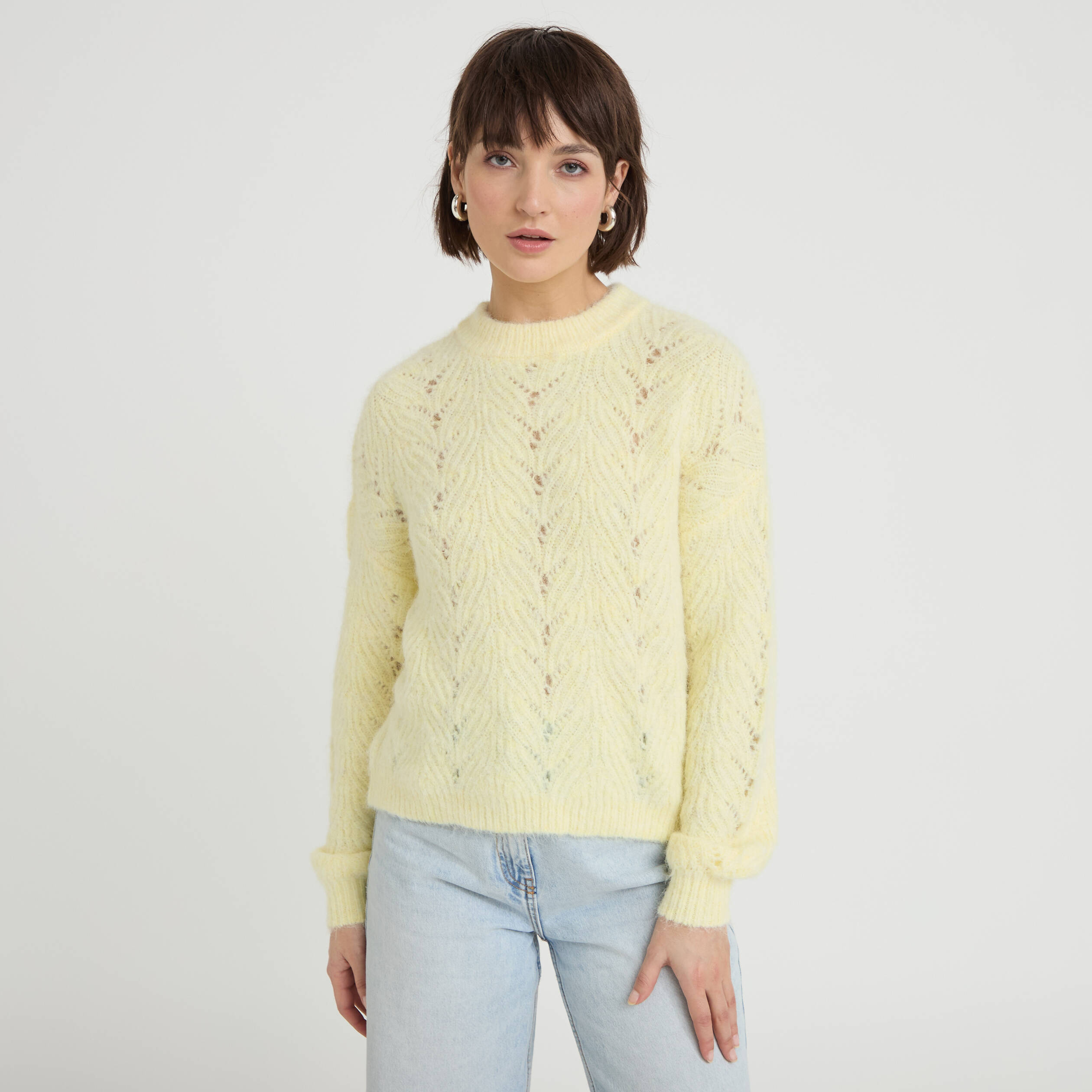 Pull ajour&eacute; manches longues jaune clair femme
