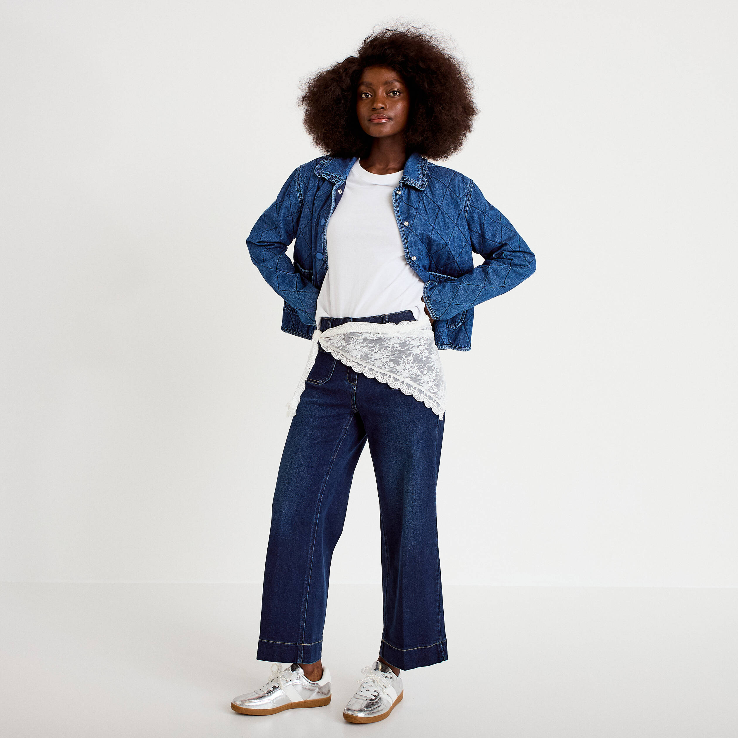Jean wide leg cropped taille haute denim blue black femme