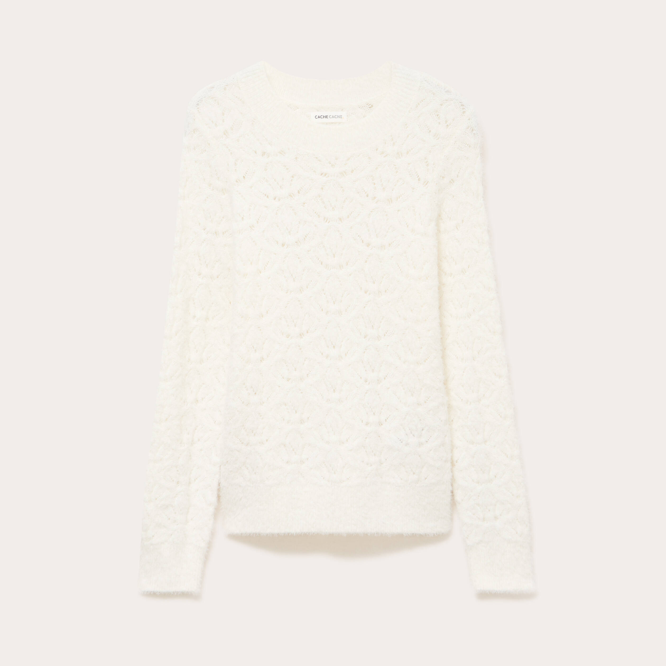 Pull ajour&eacute; col rond manches longues ecru femme
