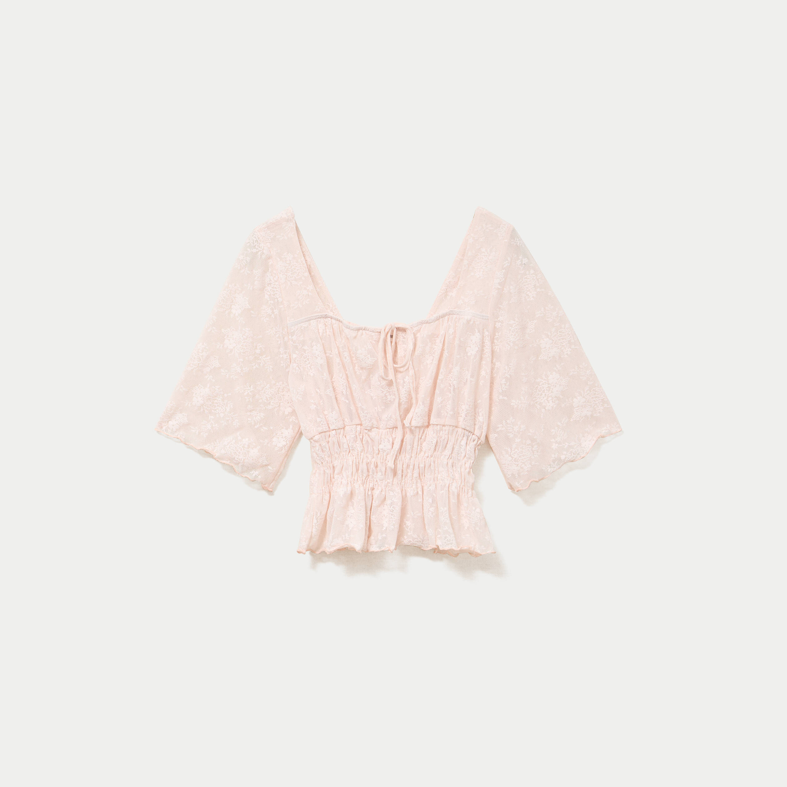 Blouse cintr&eacute;e col carr&eacute; dentelle rose clair femme