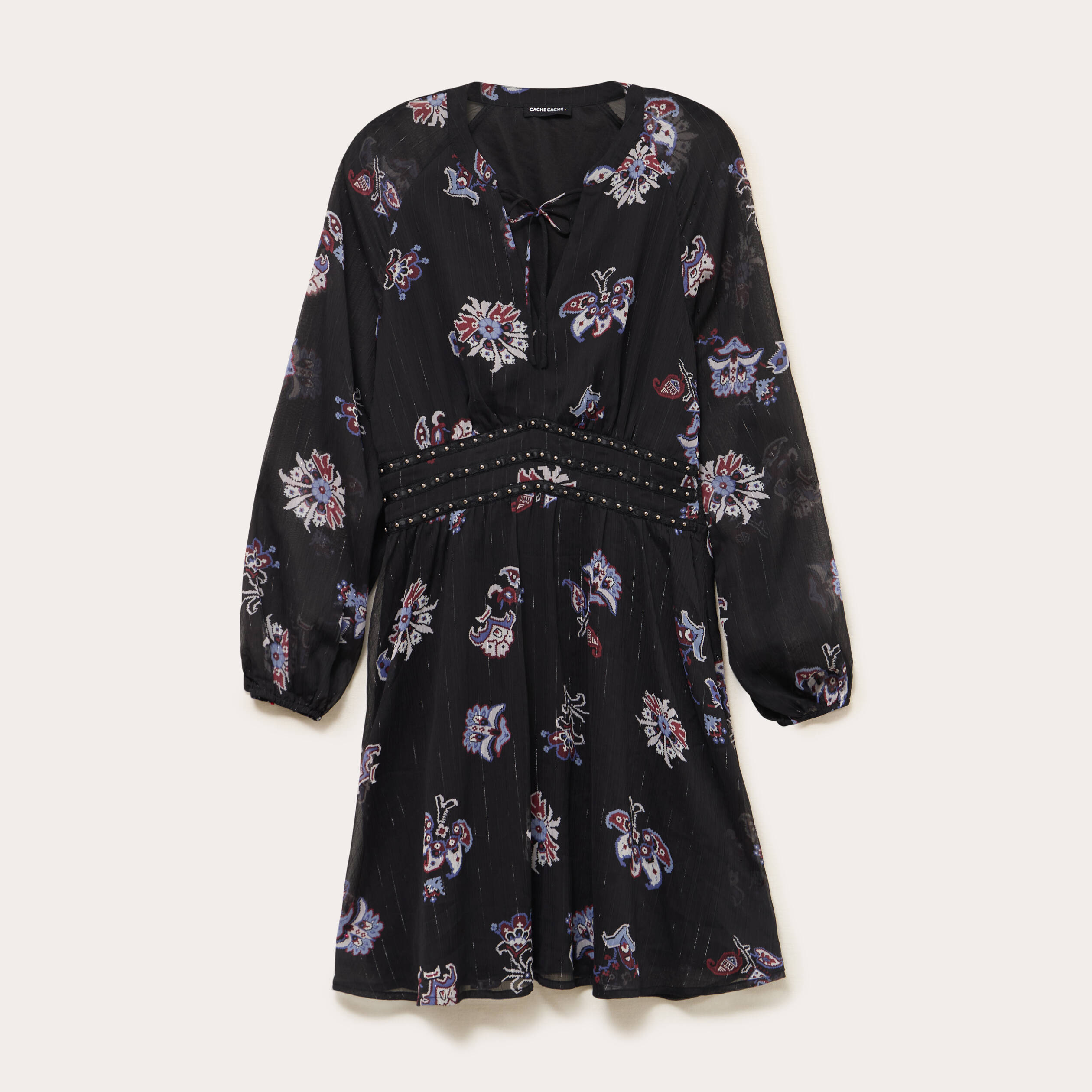 Robe courte &eacute;vas&eacute;e col v manches longues bleu fonc&eacute; femme