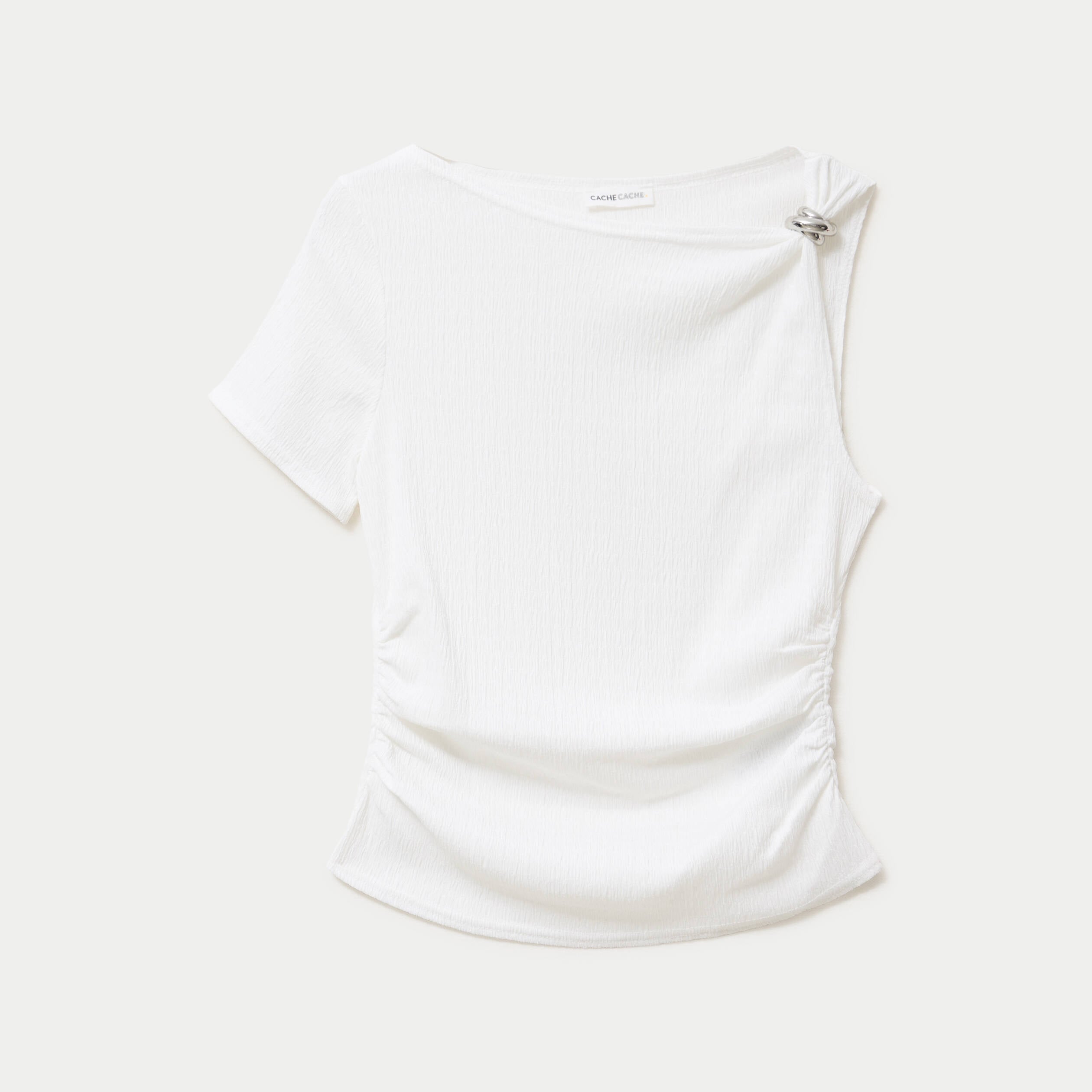Top one shoulder pliss&eacute; manches courtes ecru femme