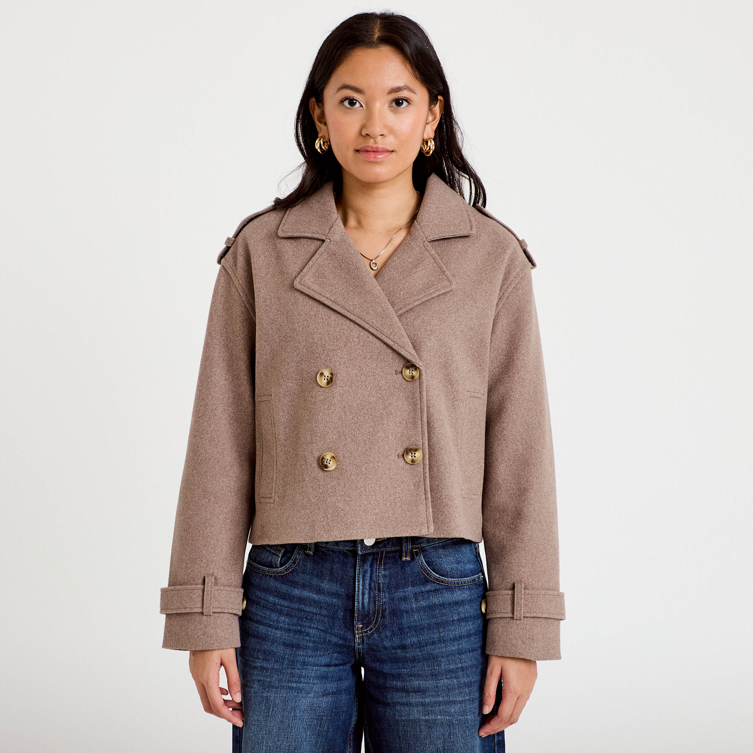 Trench droit court col tailleur taupe femme
