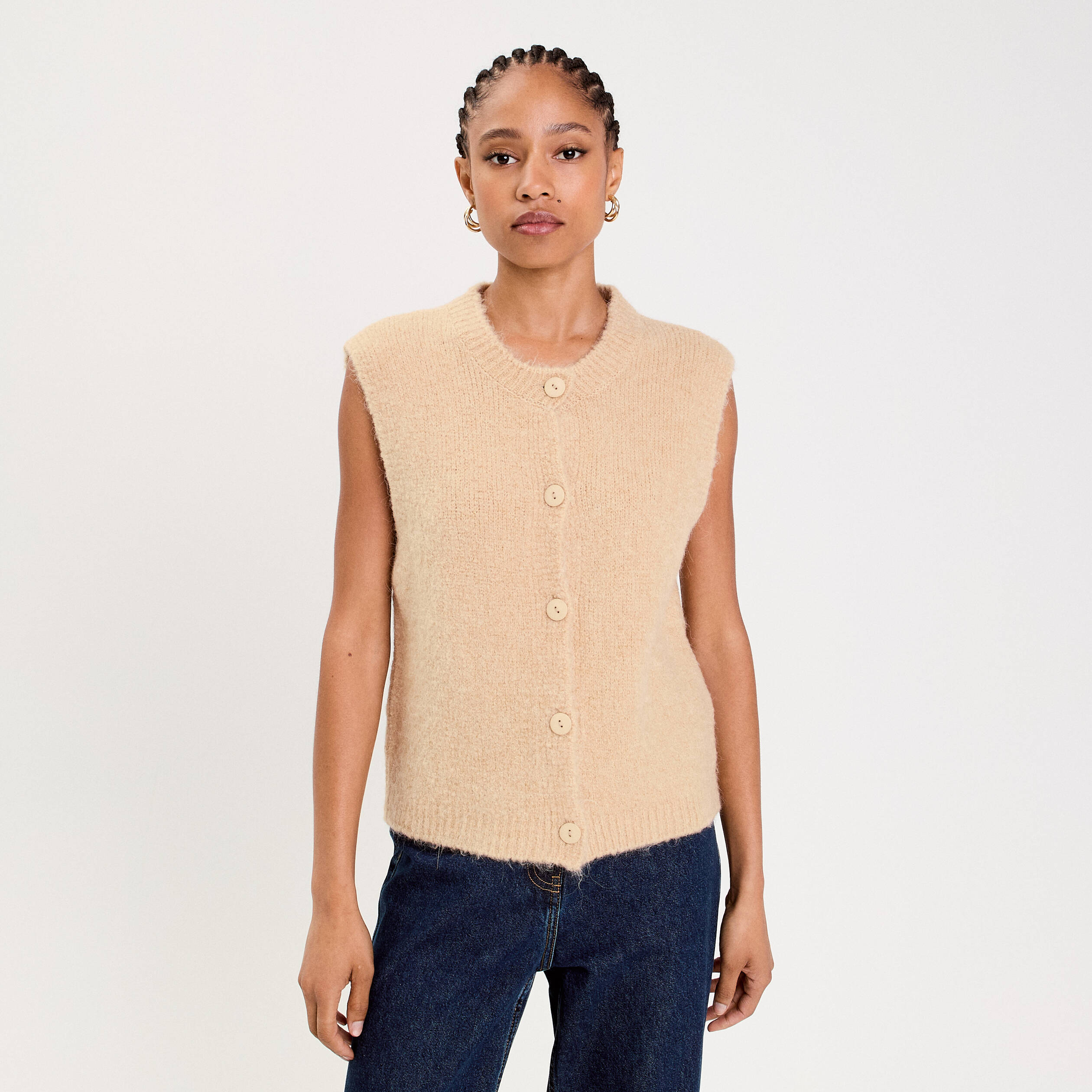 Gilet sans manches col rond beige femme