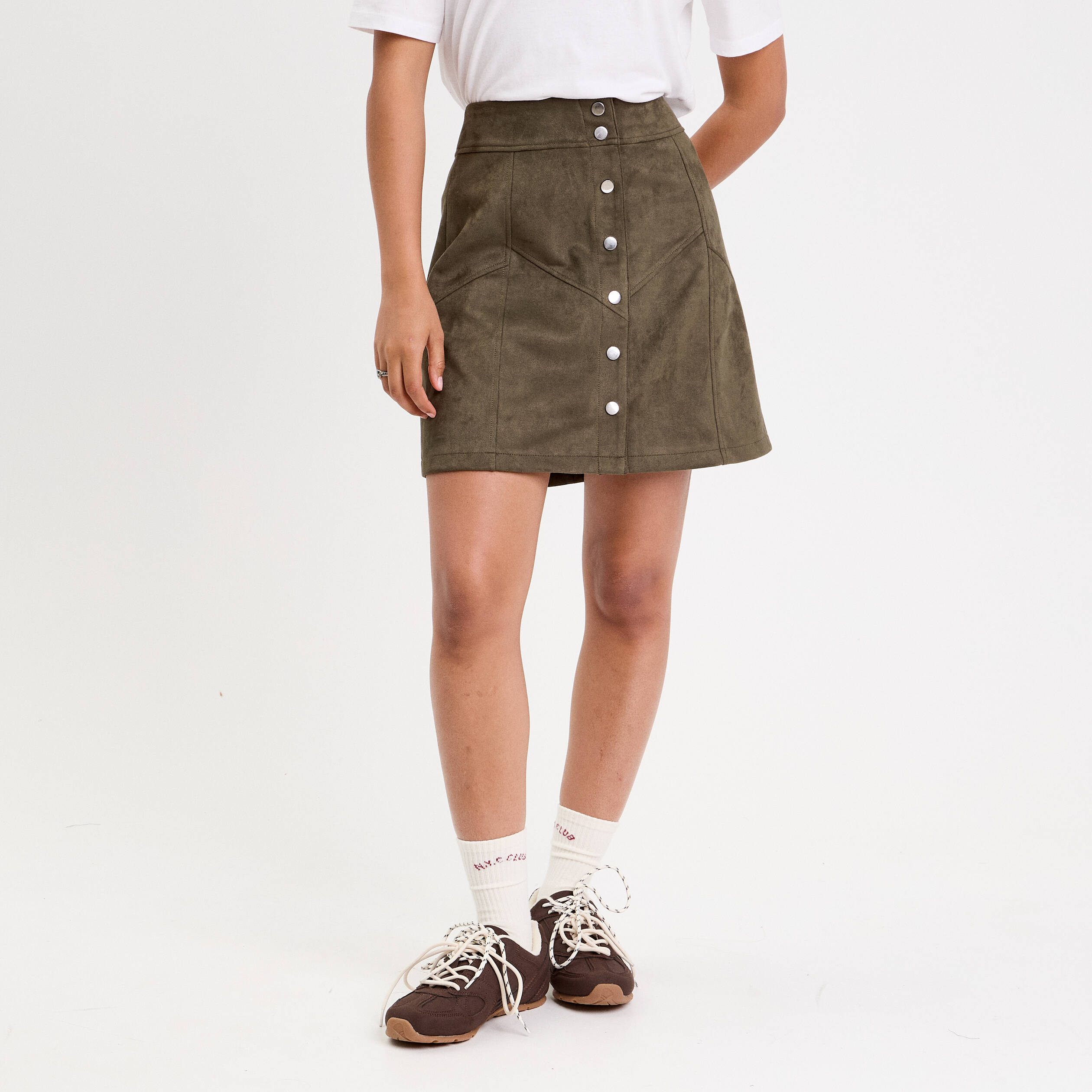 Jupe trap&egrave;ze courte aspect daim vert kaki femme