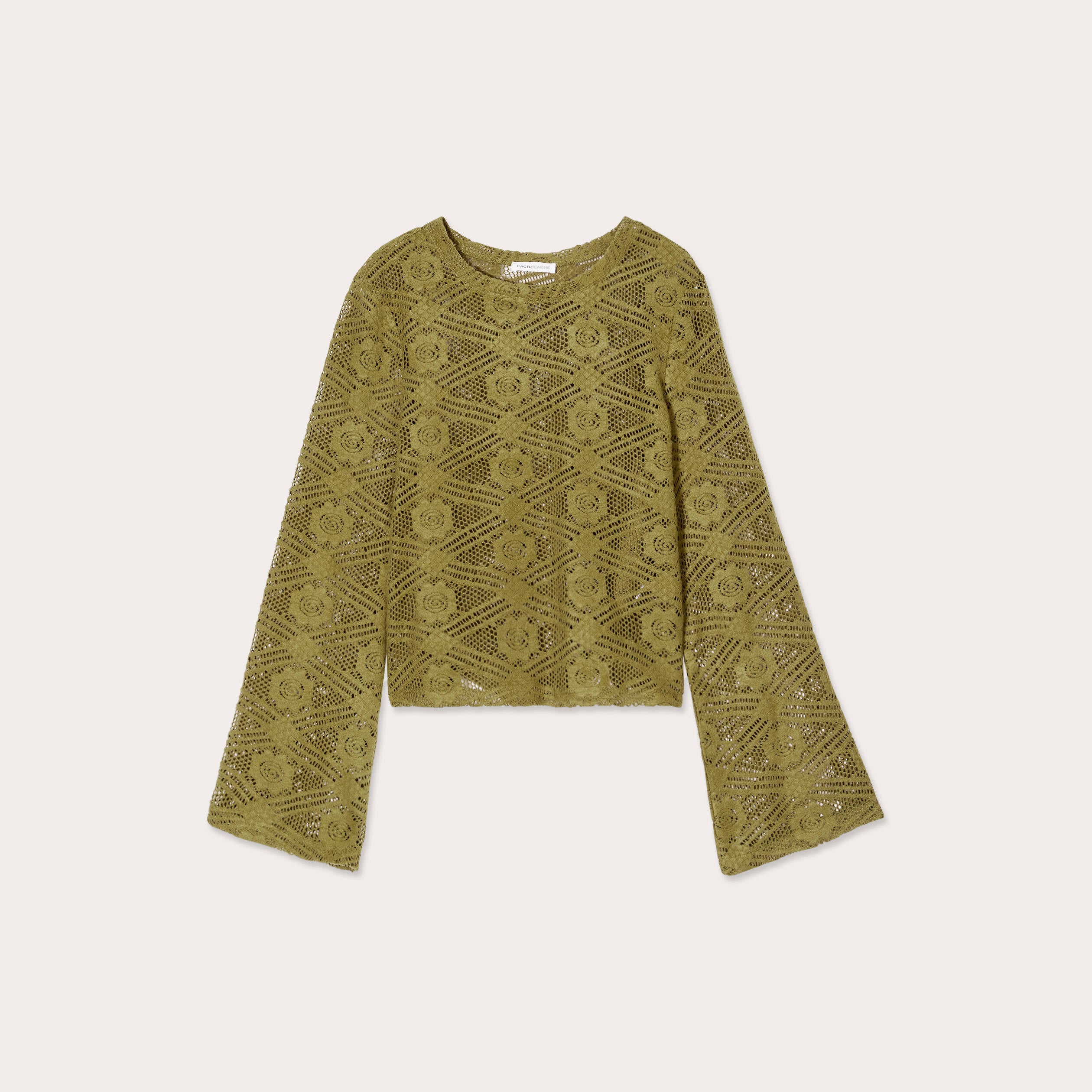 T-shirt ajour&eacute; manches pagodes vert olive femme