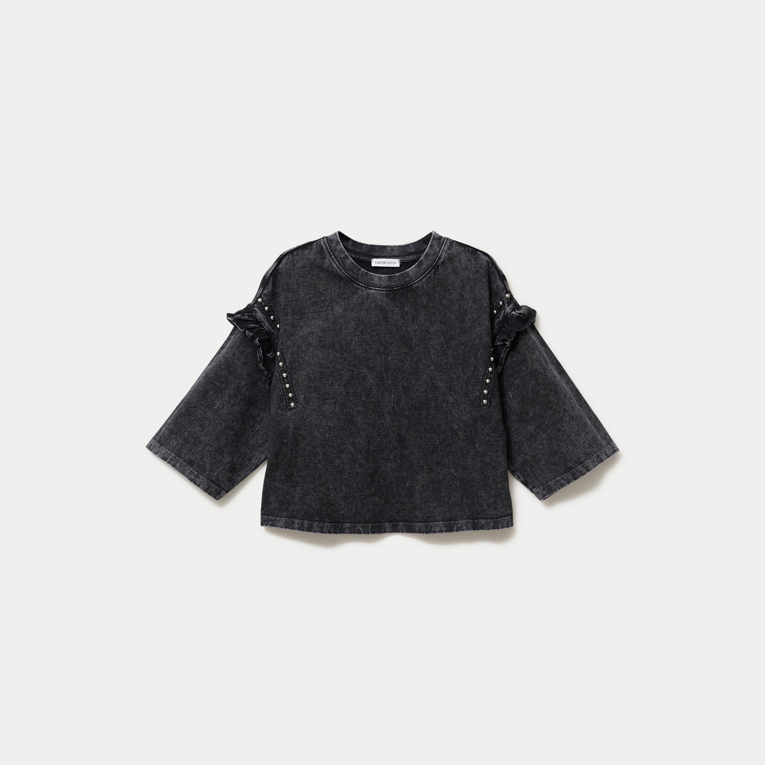 T-shirt oversize court manches longues gris fonc&eacute; femme