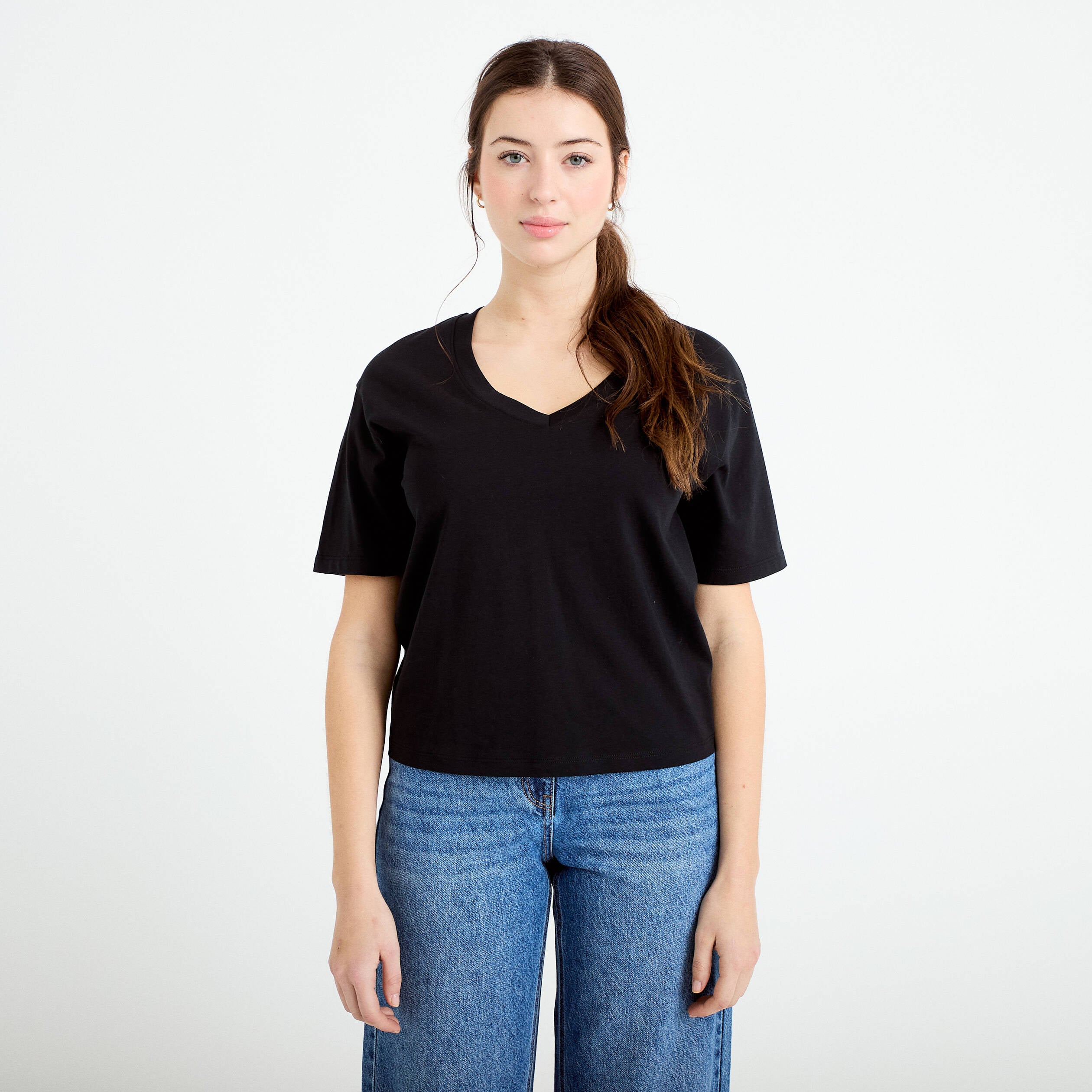T-shirt col v manches courtes noir femme