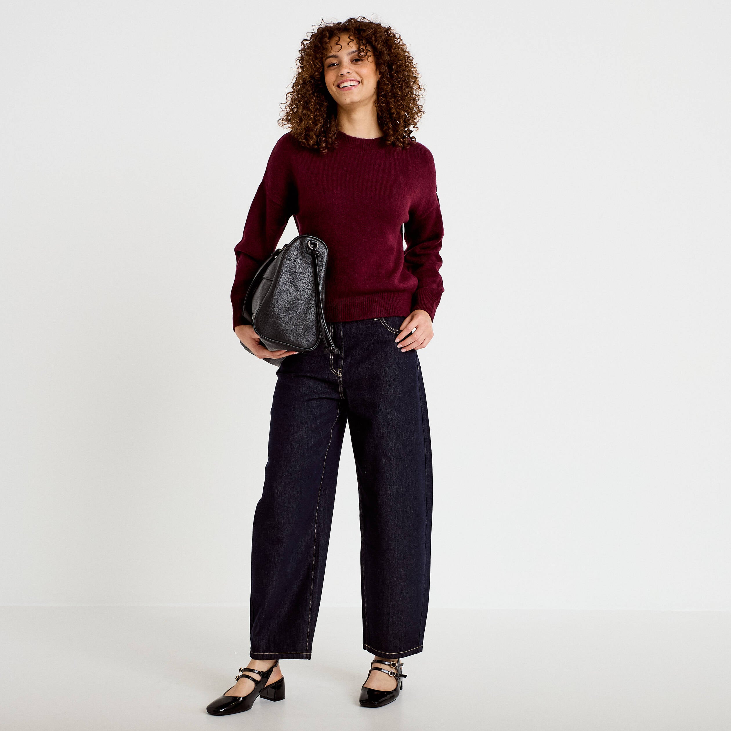 Pull col rond manches longues bordeaux femme