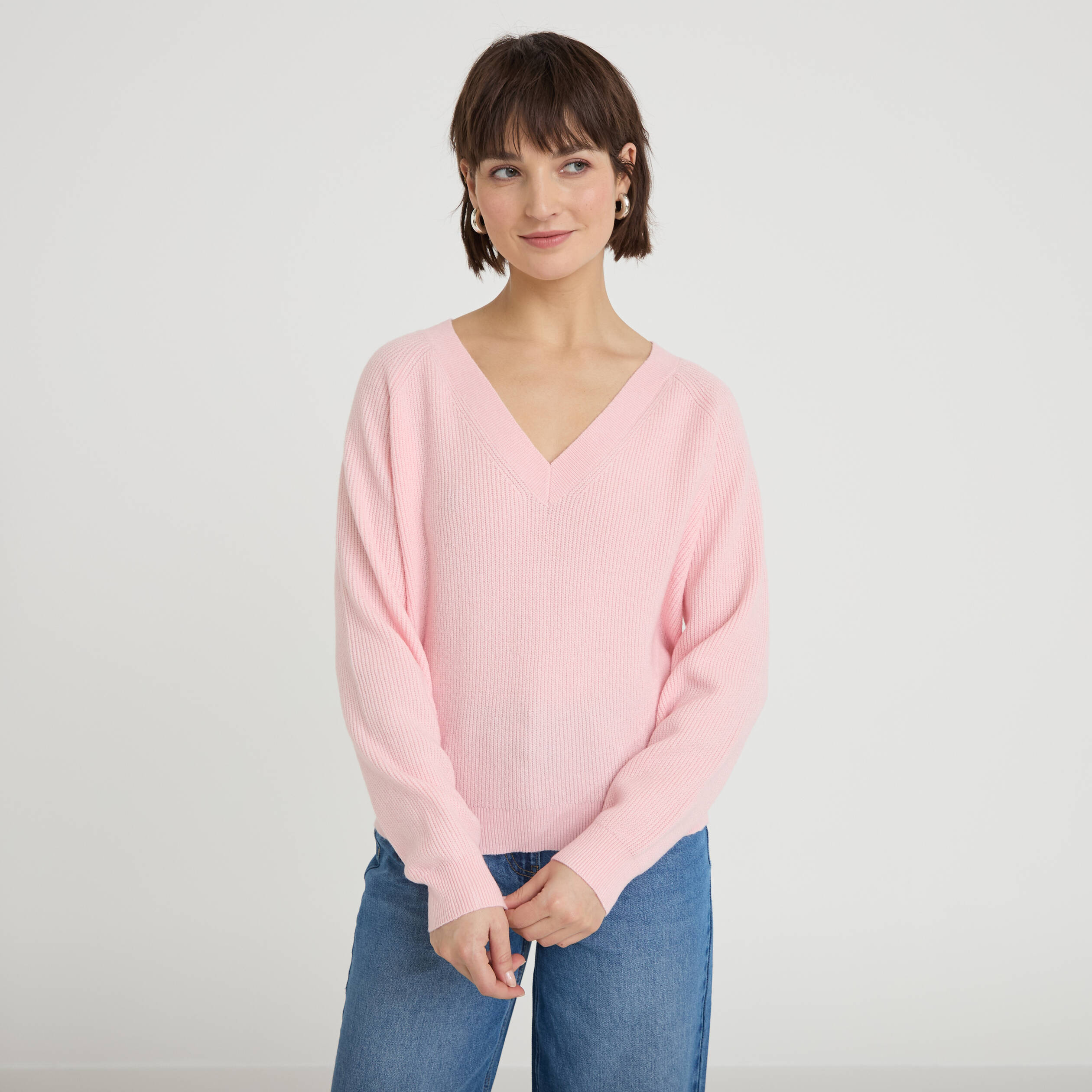 Pull fin col v rose clair femme