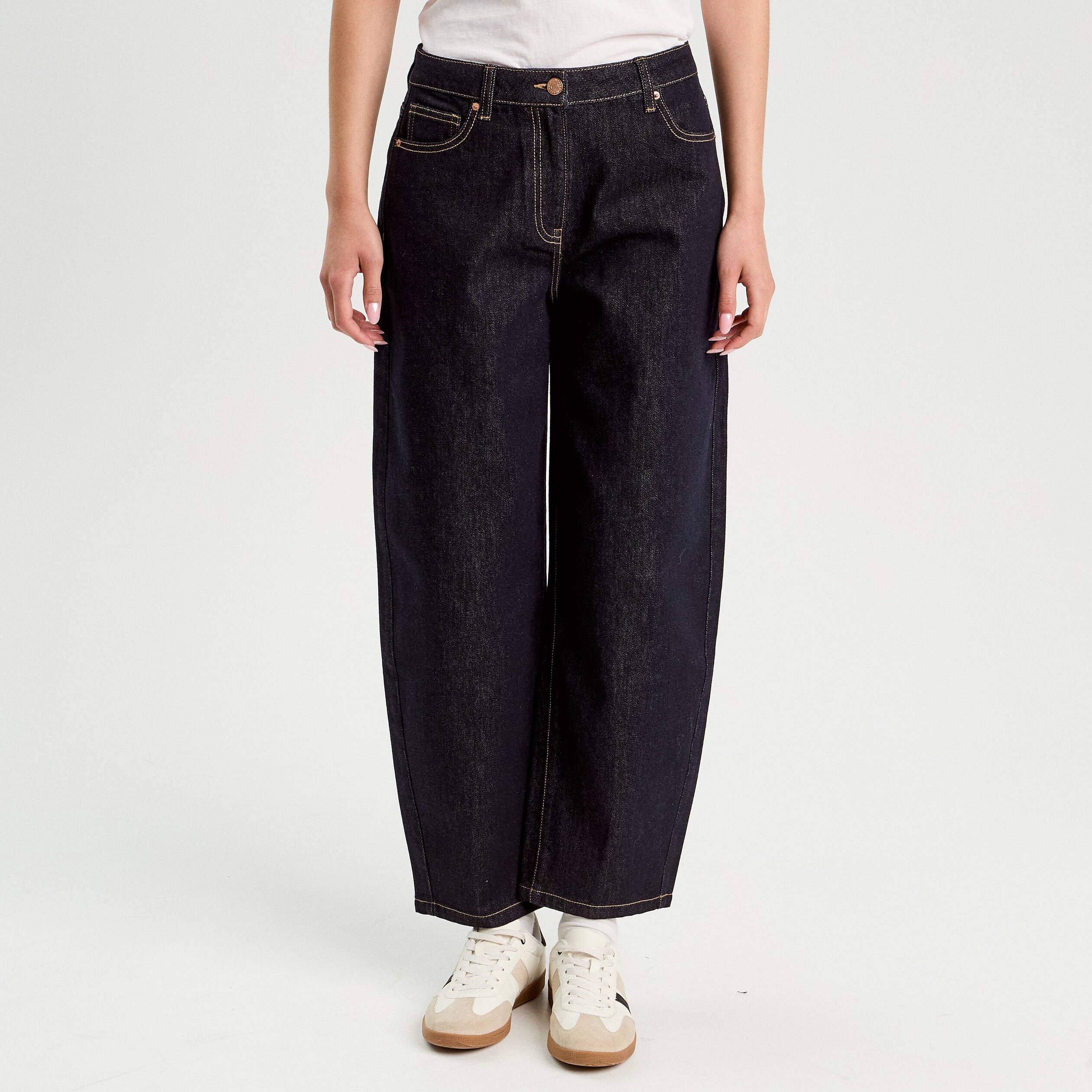Jean barrel cropped taille standard denim brut femme