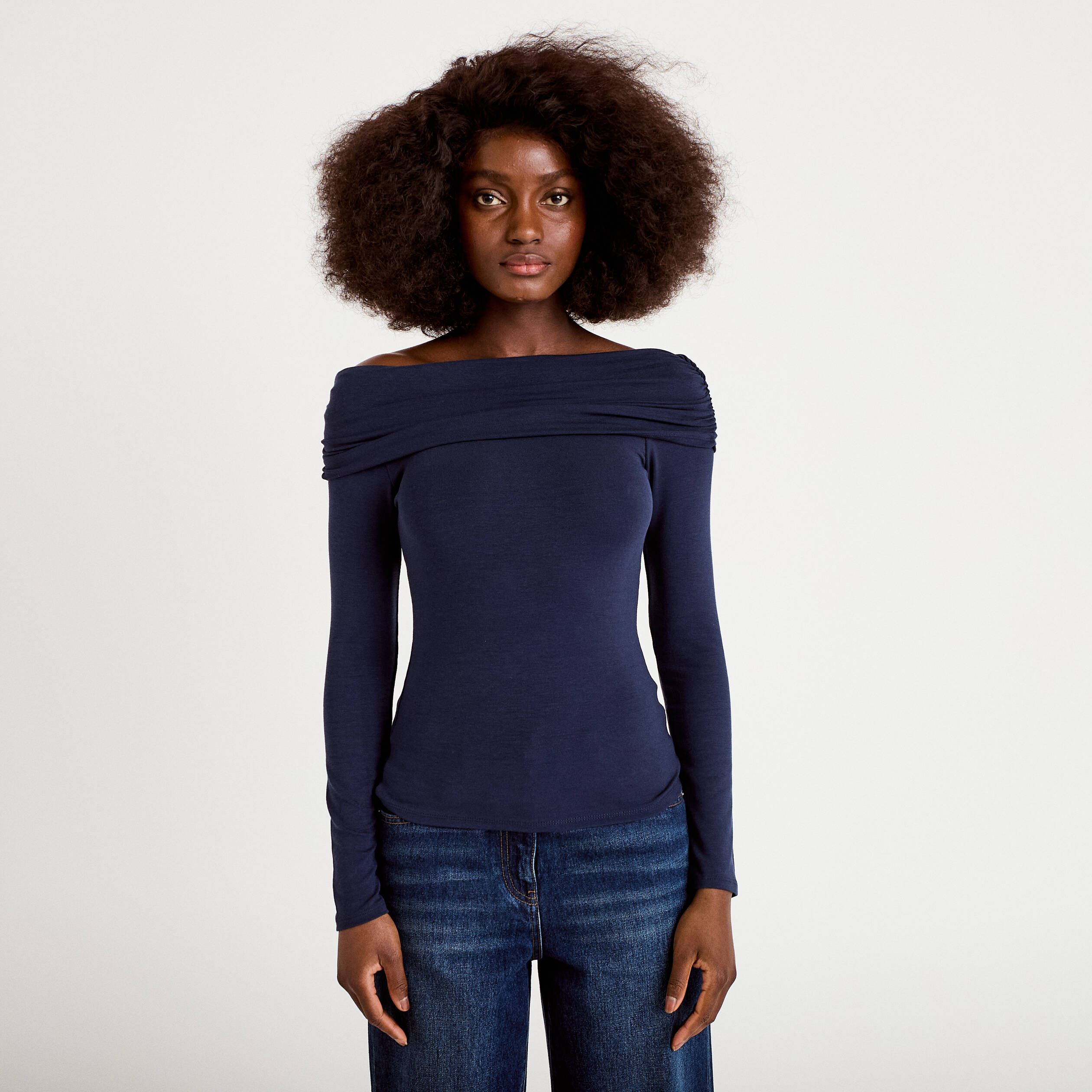 T-shirt col bardot manches longues bleu marine femme