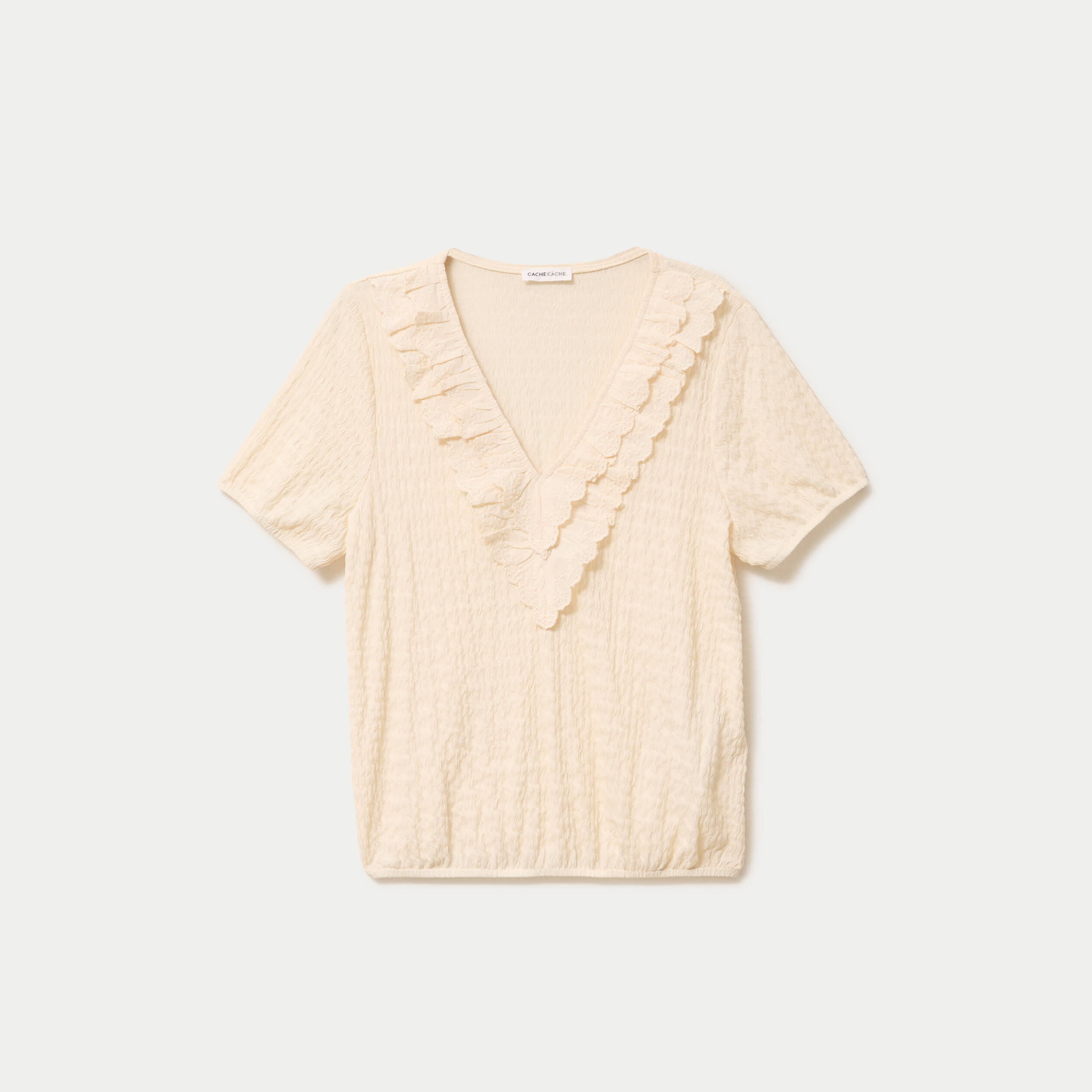 Blouse pliss&eacute;e col v manches courtes ecru femme