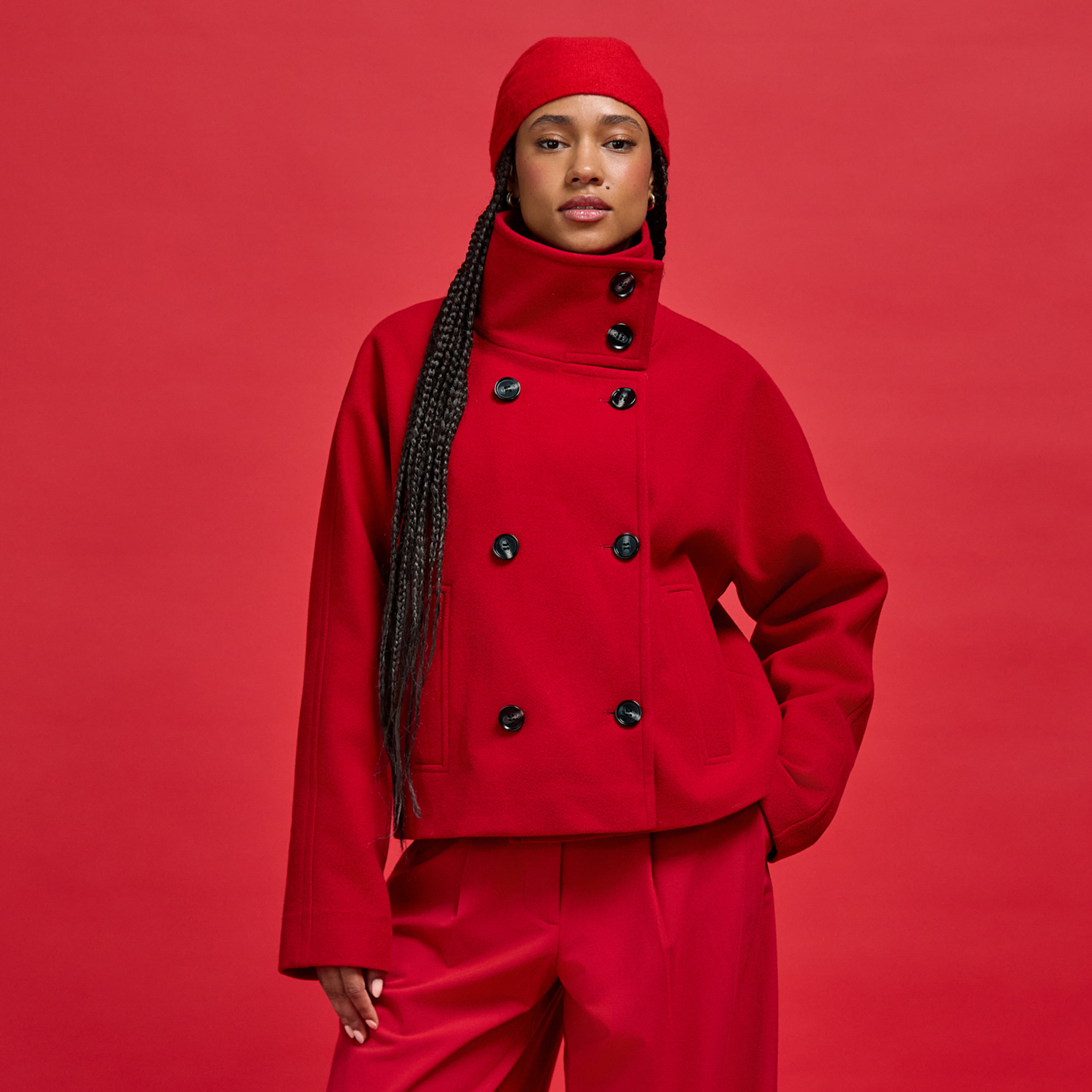 Veste chin&eacute;e col montant manches longues rouge femme