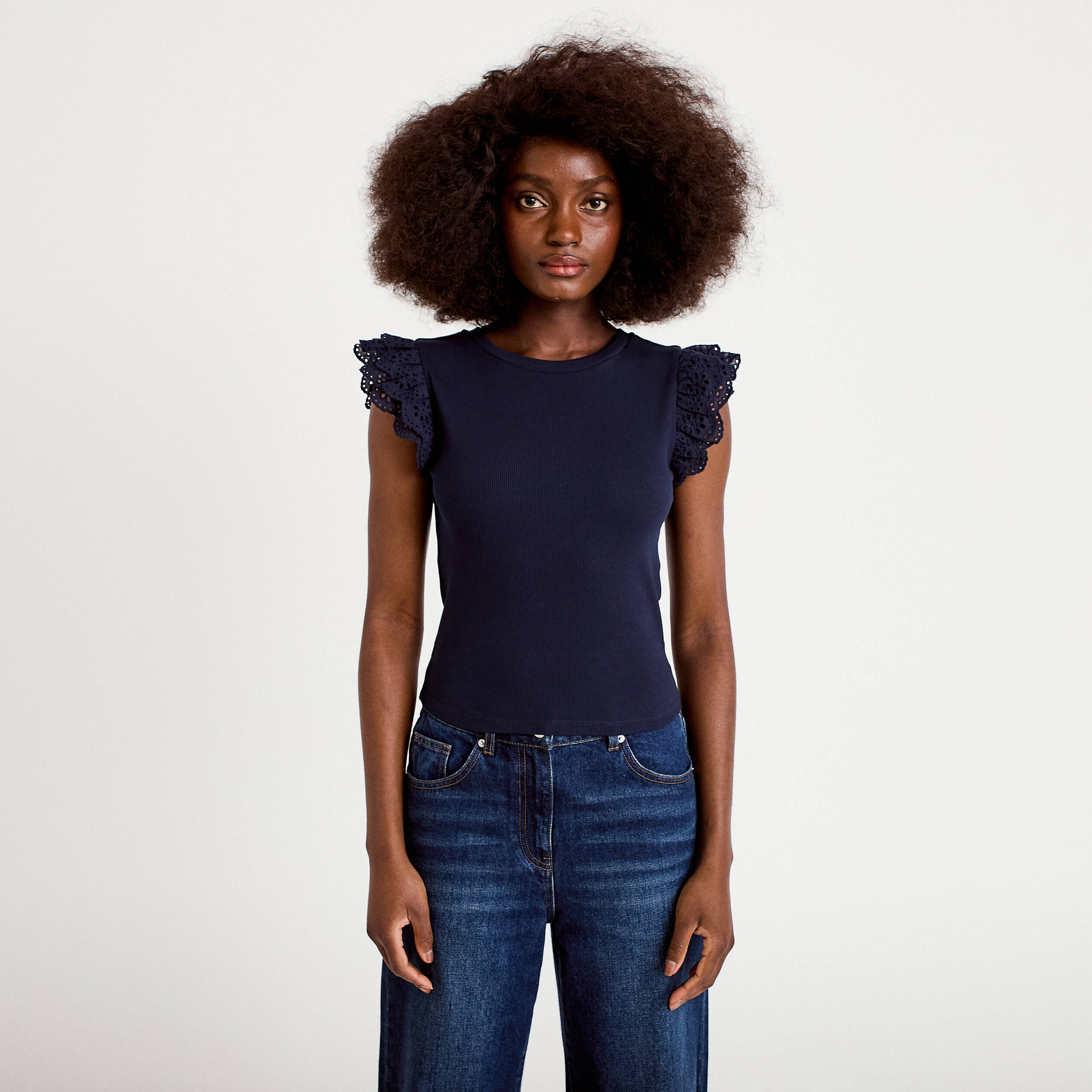 D&eacute;bardeur volants brod&eacute;s bleu marine femme