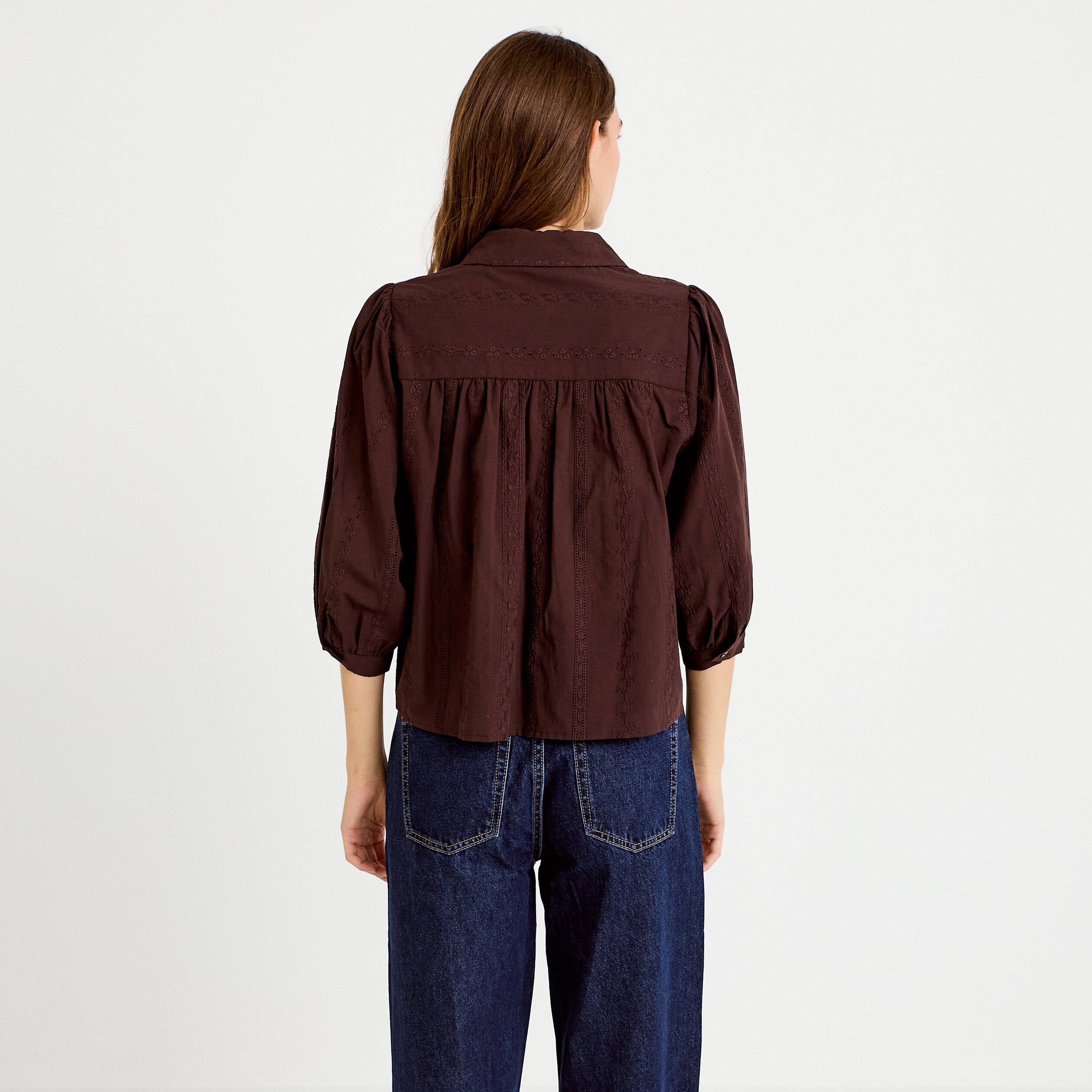 Chemise droite col classique manches 3/4 marron fonc&eacute; femme
