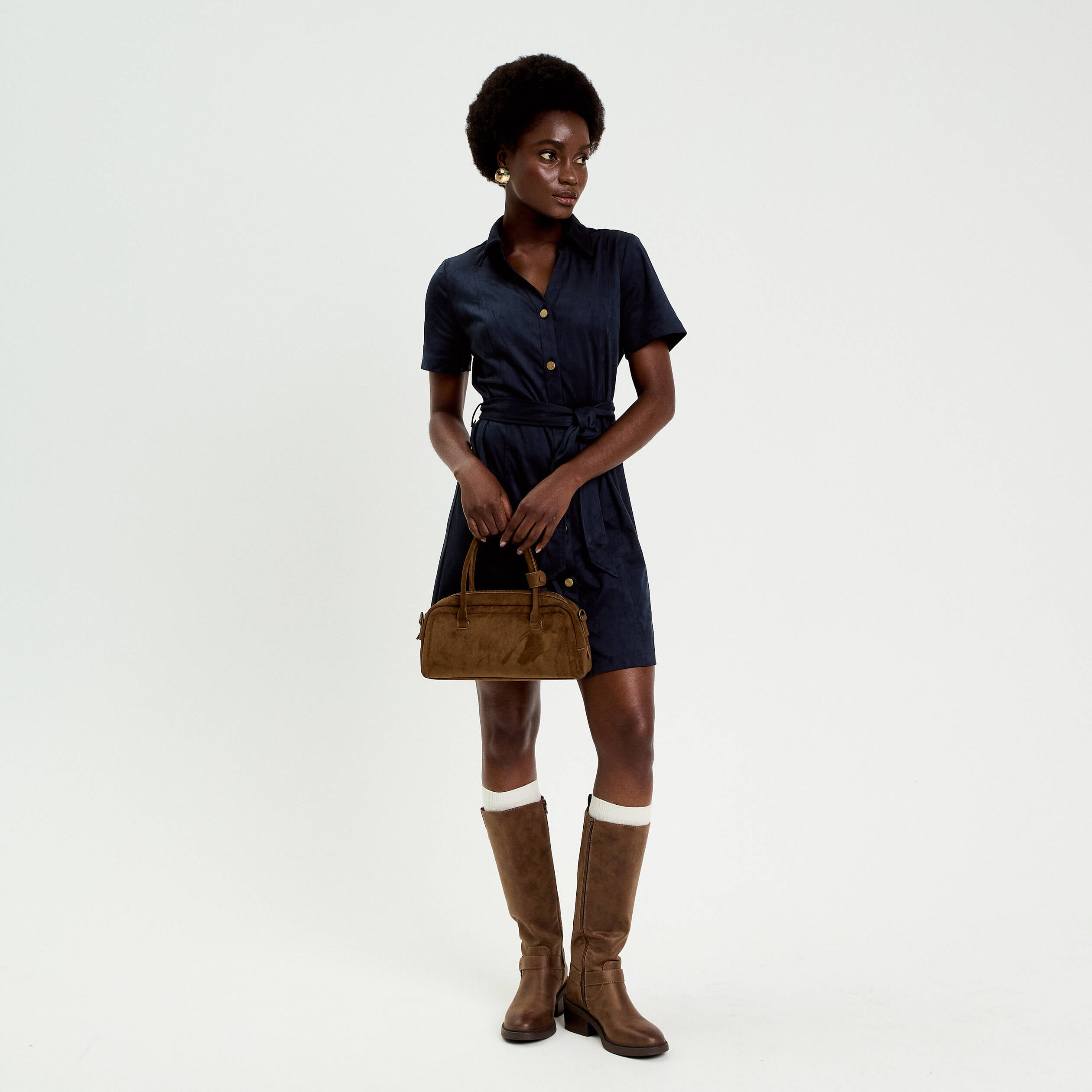 Robe boutonn&eacute;e aspect daim bleu marine femme