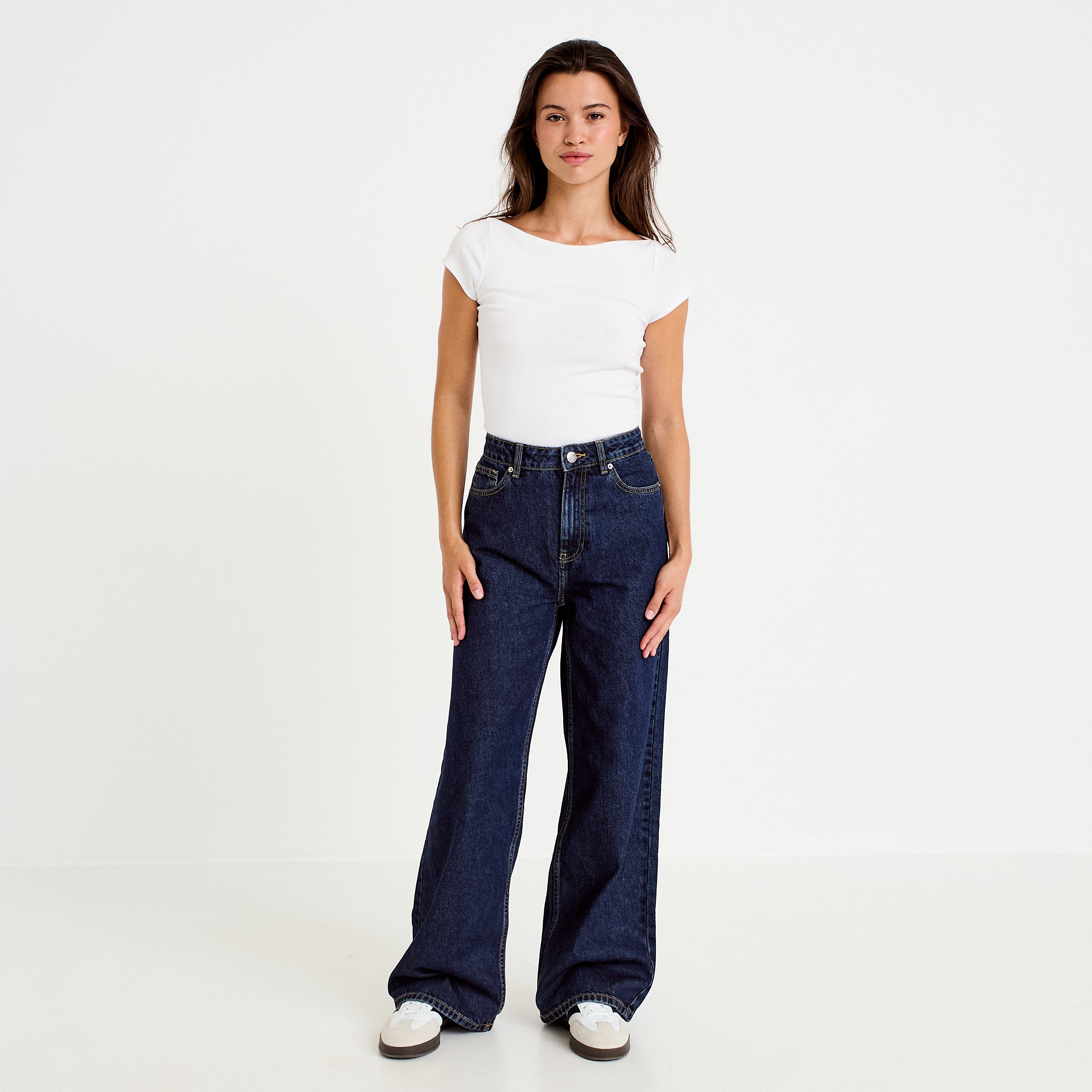 Jean wide leg taille haute Petite denim blue black femme