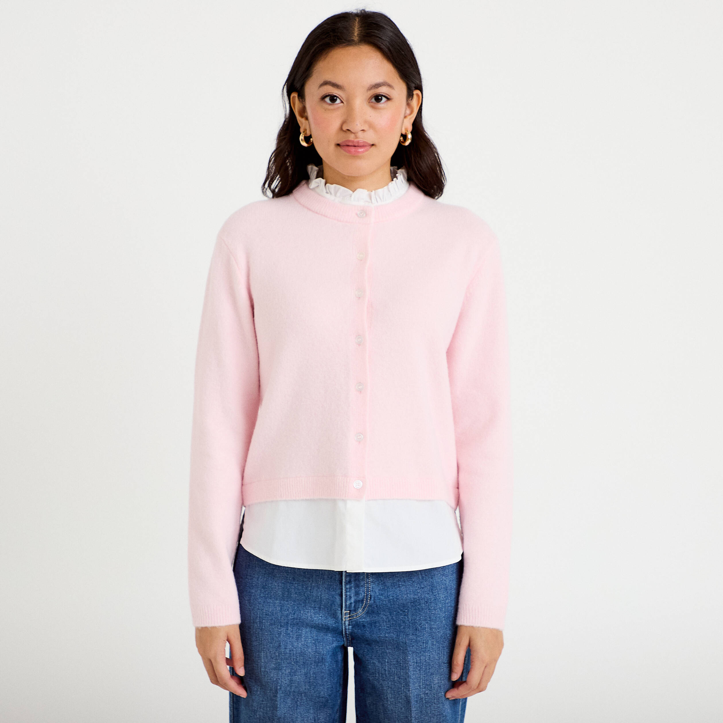 Gilet 2-en-1 col chemise manches longues rose clair femme