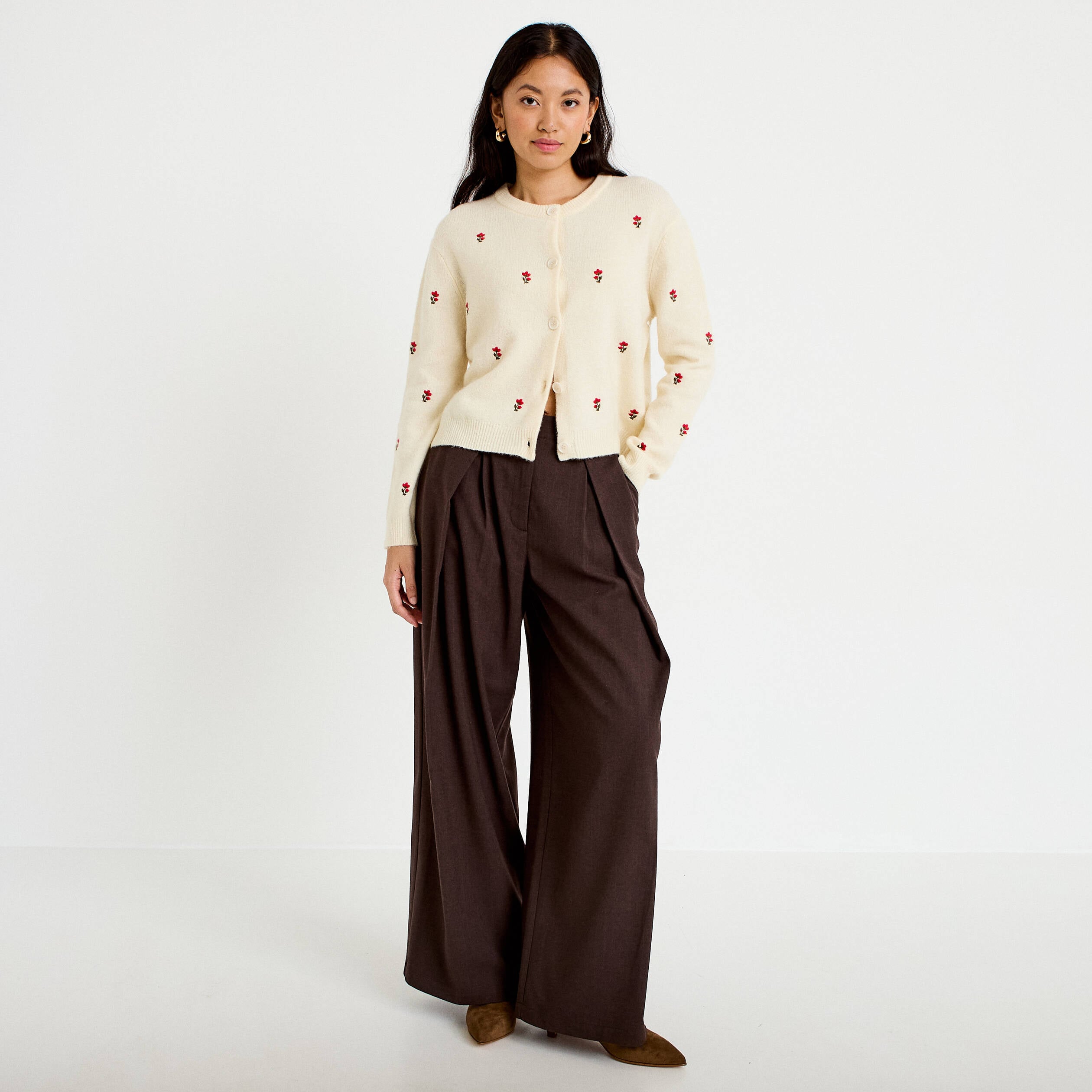 Pantalon bootcut taille haute chin&eacute; marron femme