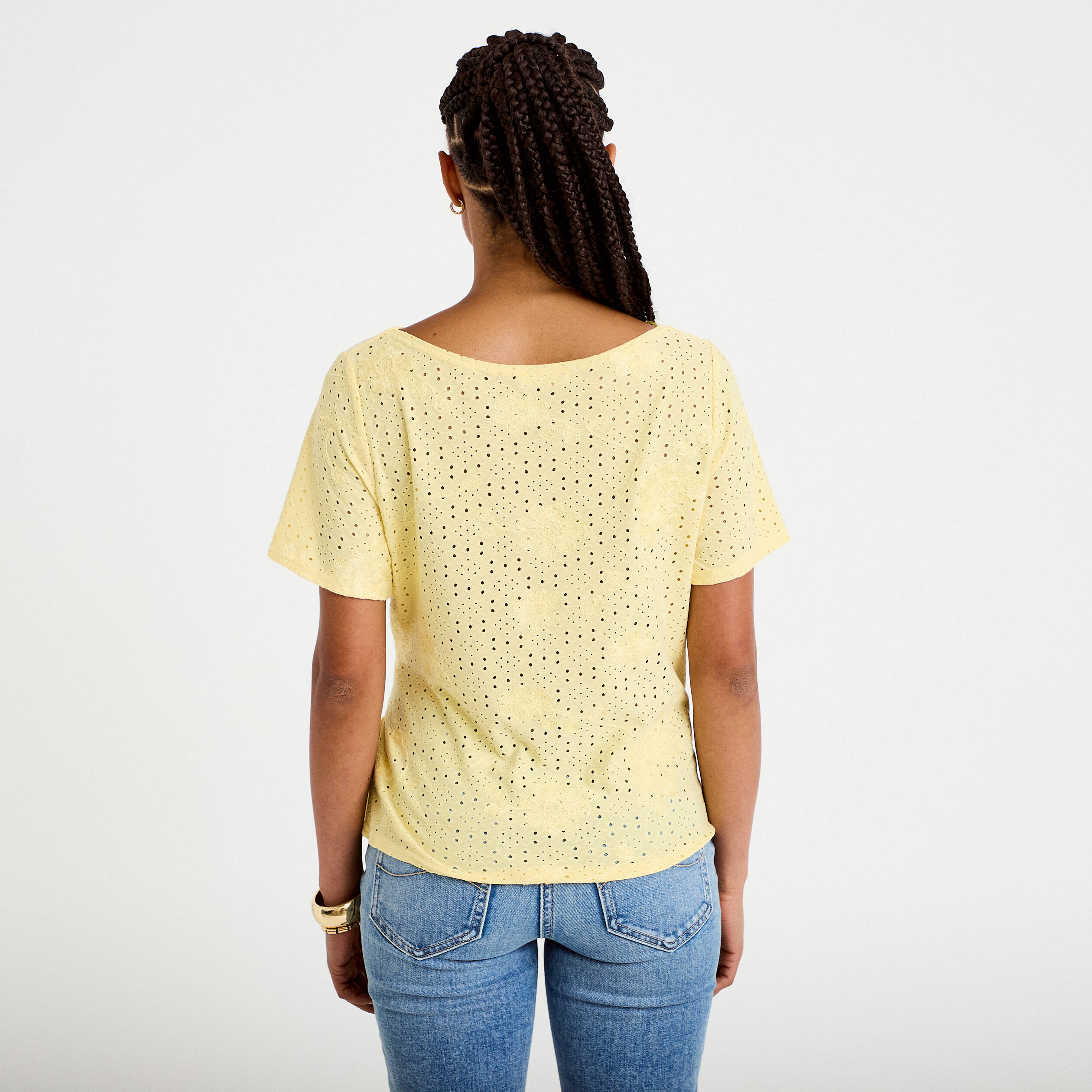 Blouse col v manches courtes jaune clair femme