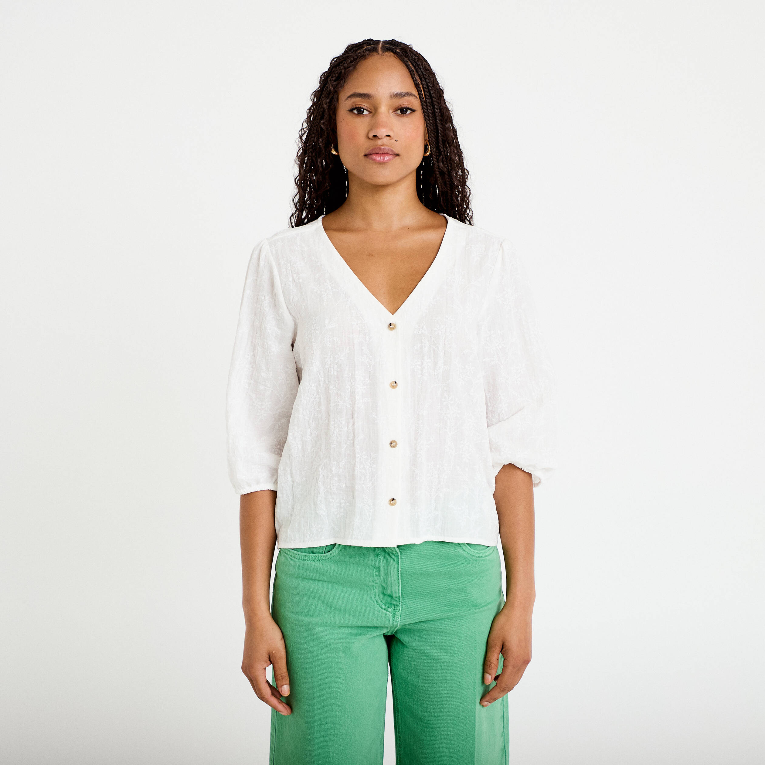 Blouse droite pliss&eacute;e manches 3/4 blanc femme
