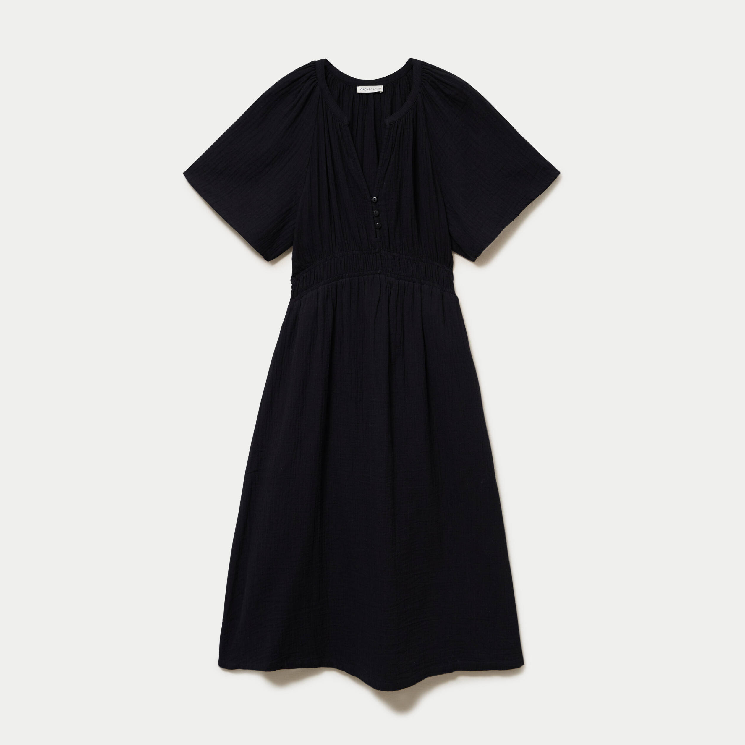 Robe midi pliss&eacute;e col v manches courtes noir femme