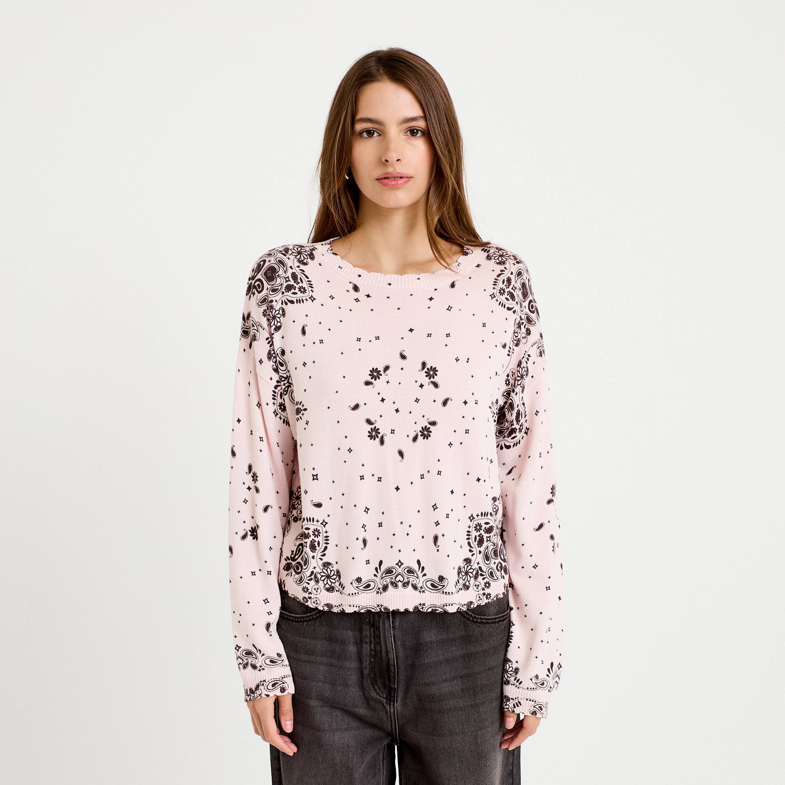 Pull col rond manches longues rose clair femme