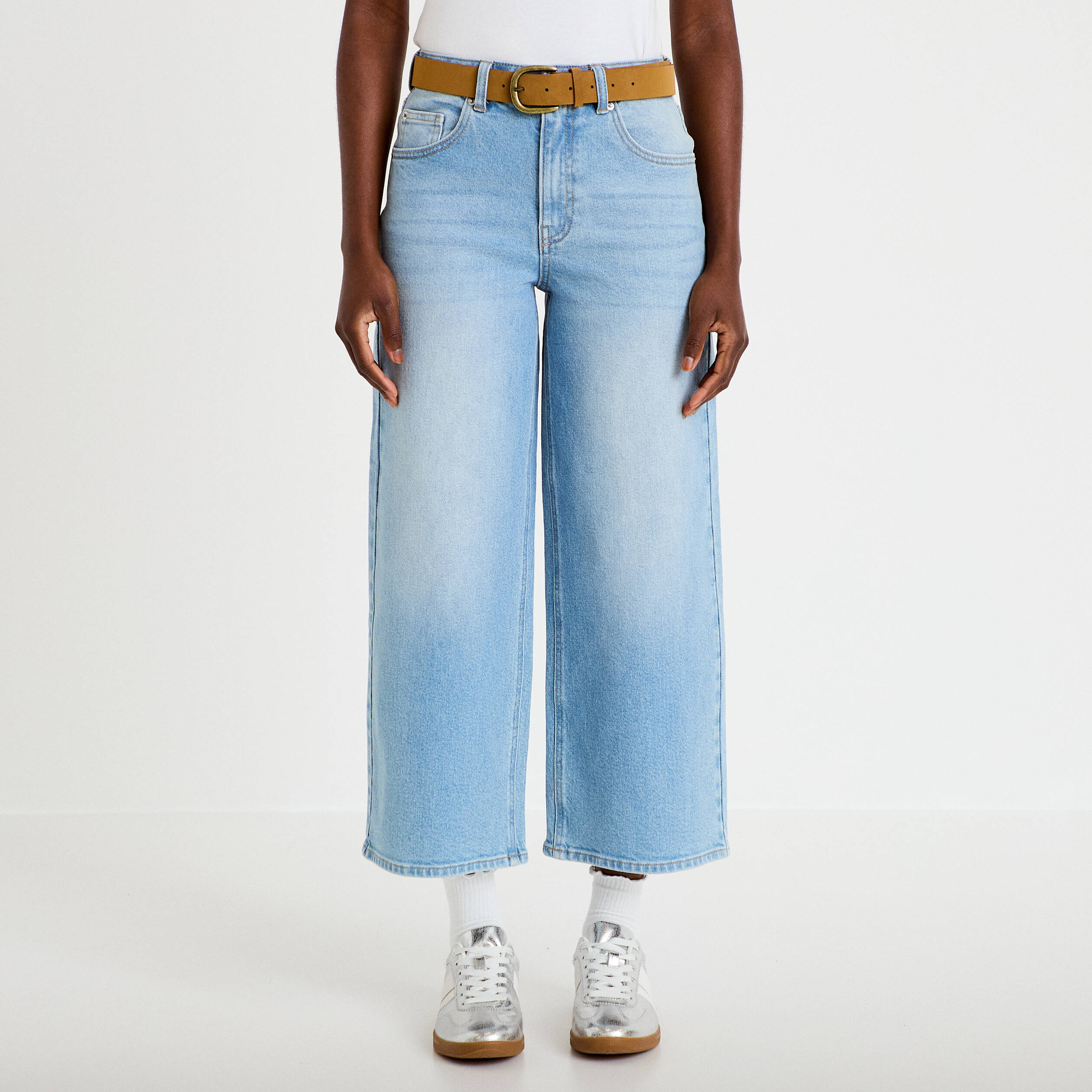 Jean wide leg taille haute ceinture denim triple stone femme