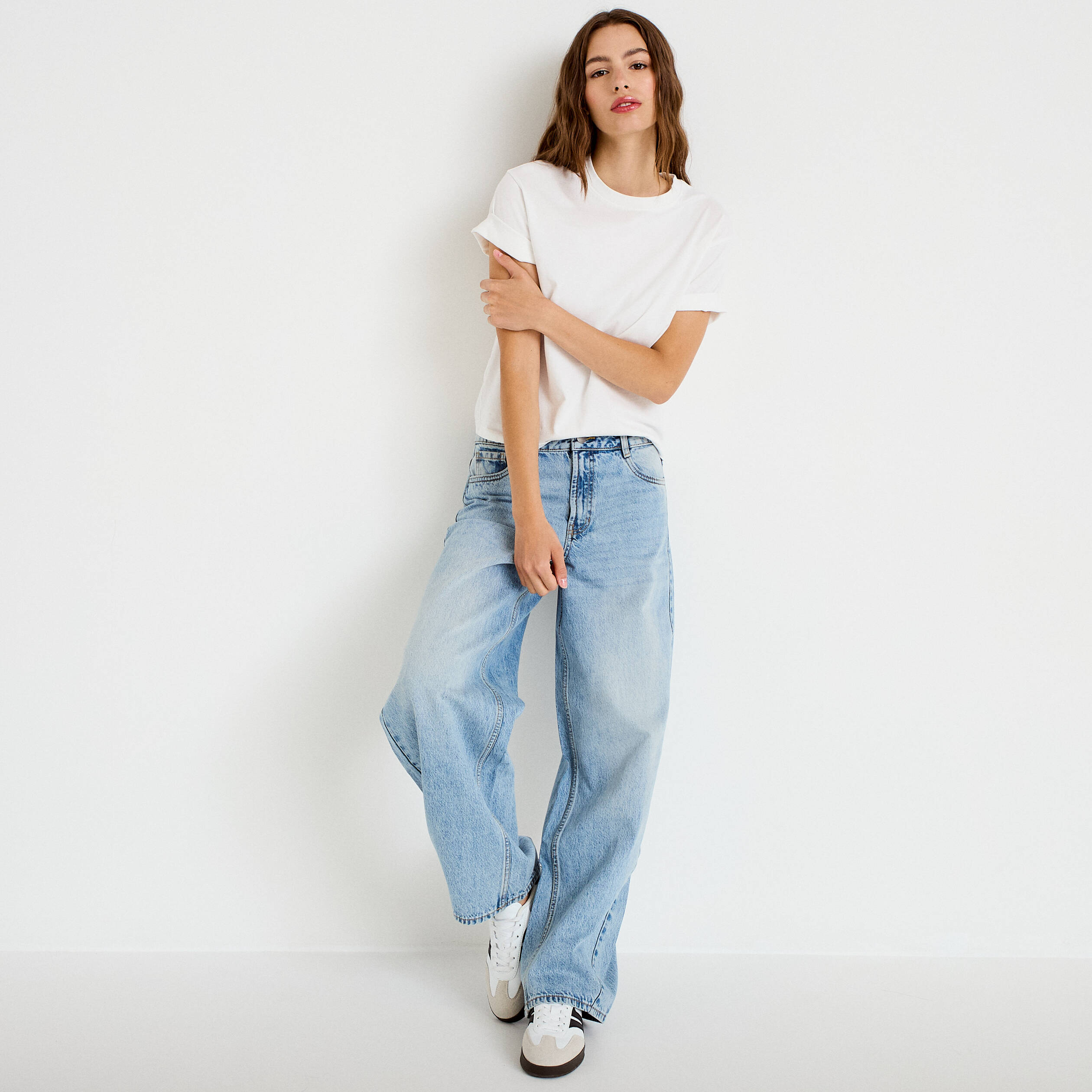 Jean coupe large denim triple stone femme