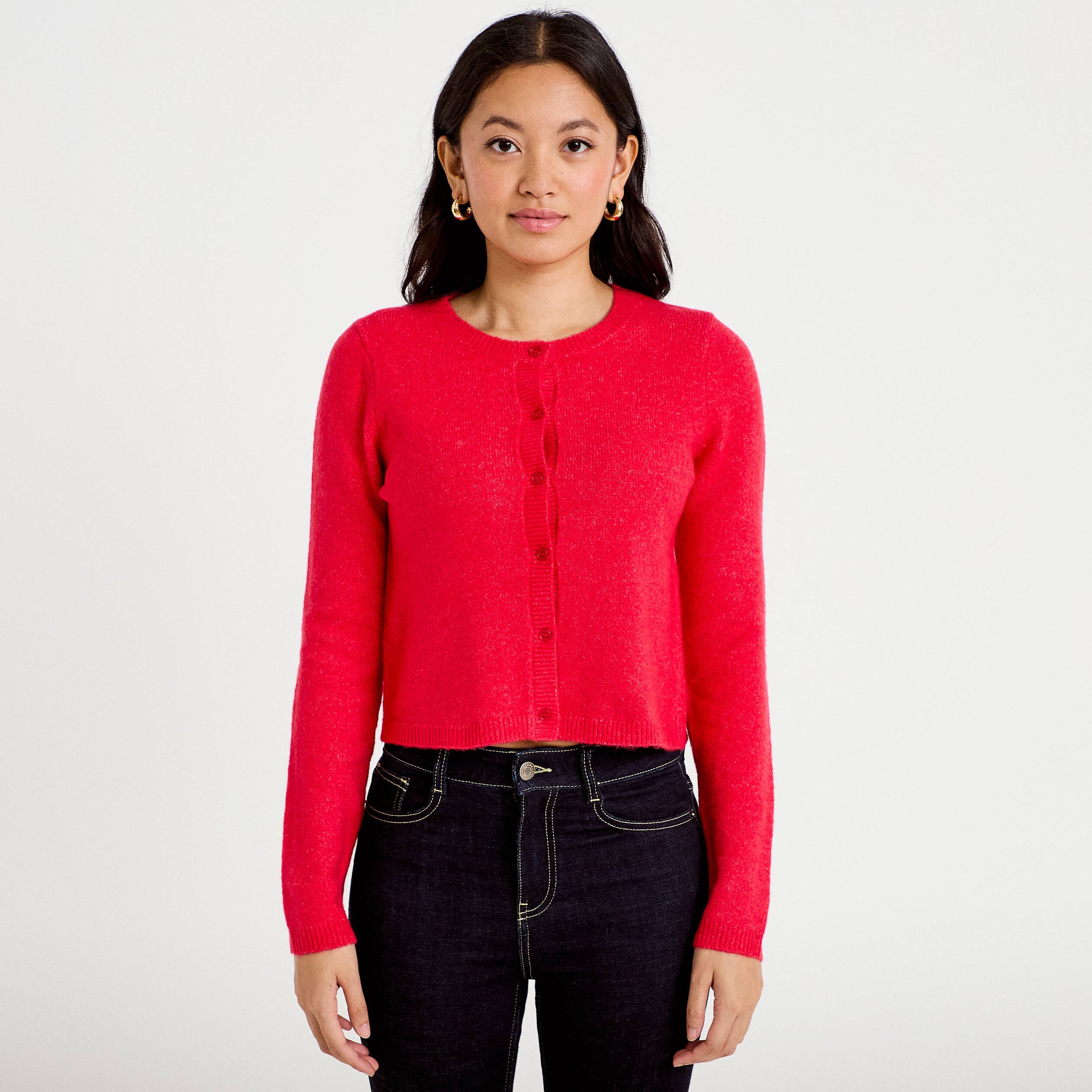 Gilet boutonn&eacute; manches longues rouge femme