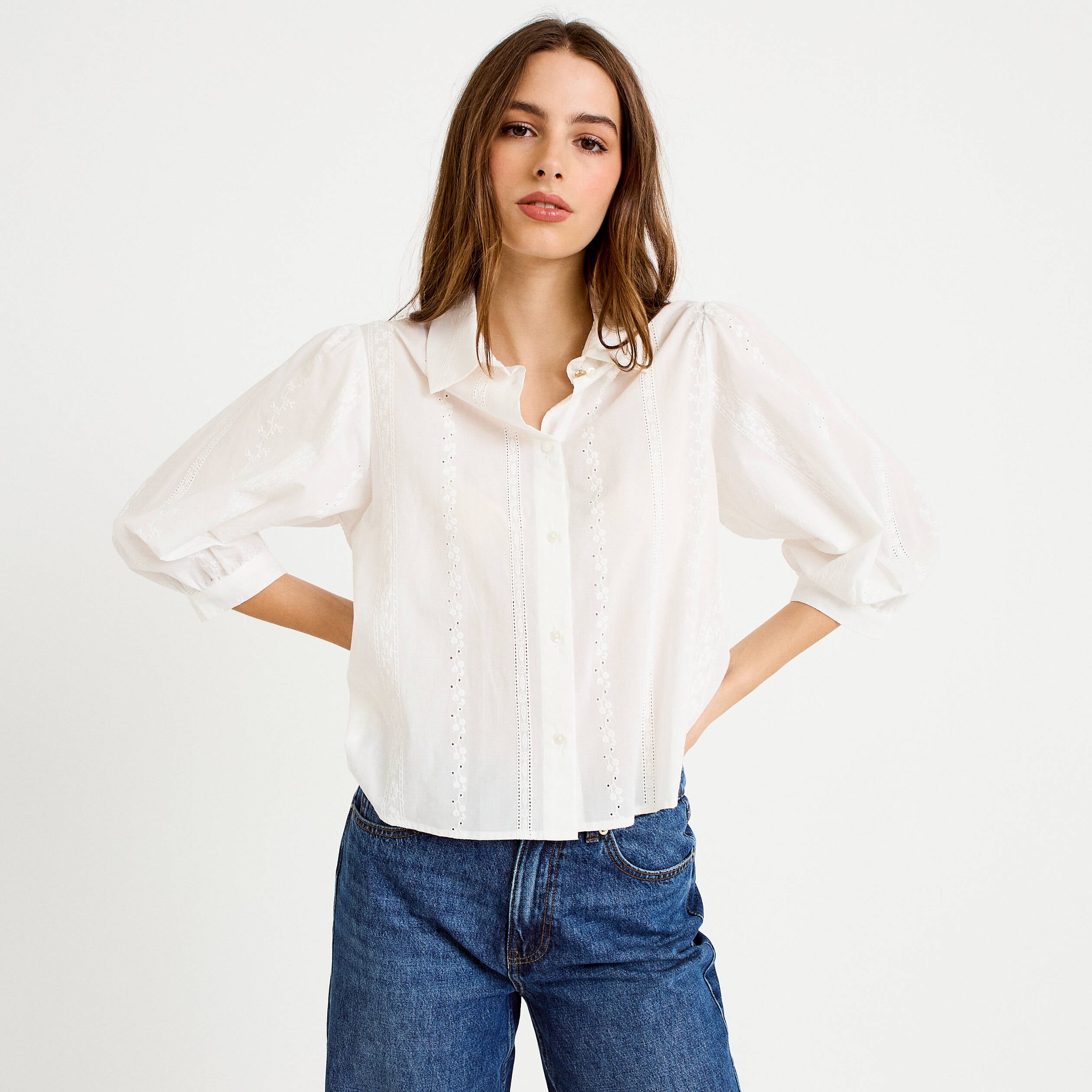 Chemise droite col classique manches 3/4 ecru femme