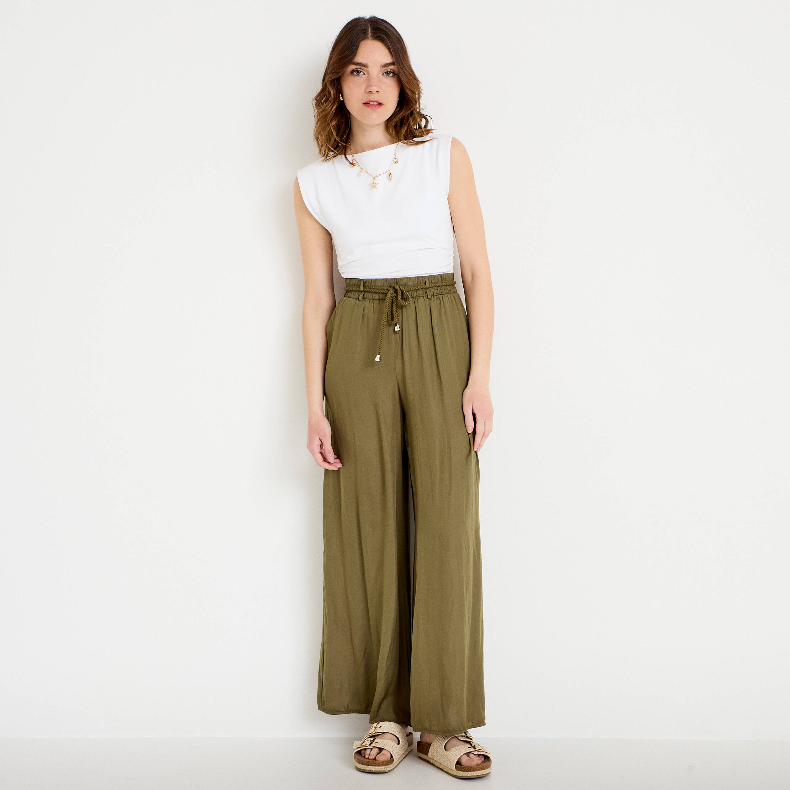 Pantalon large taille standard vert kaki femme