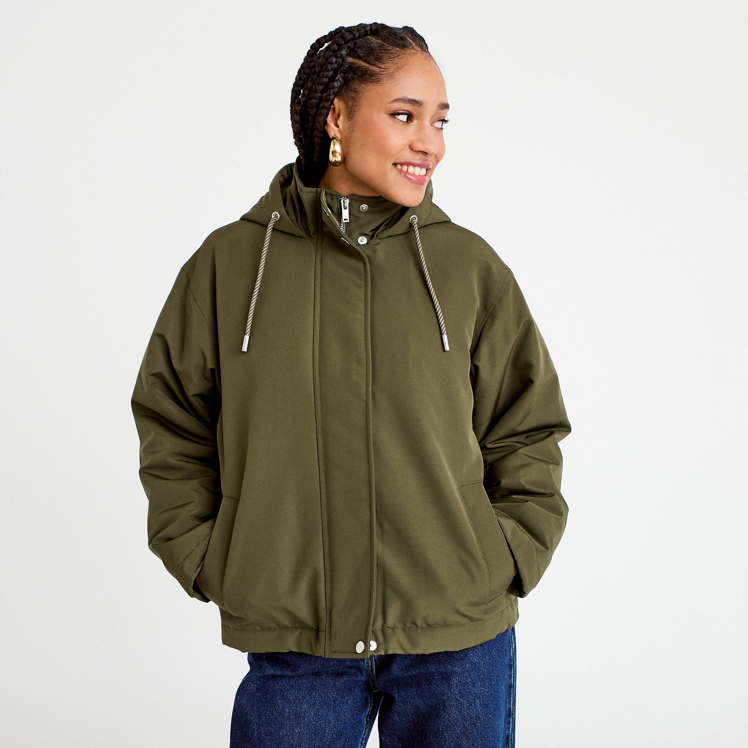 Parka courte &agrave; capuche manches longues vert kaki femme