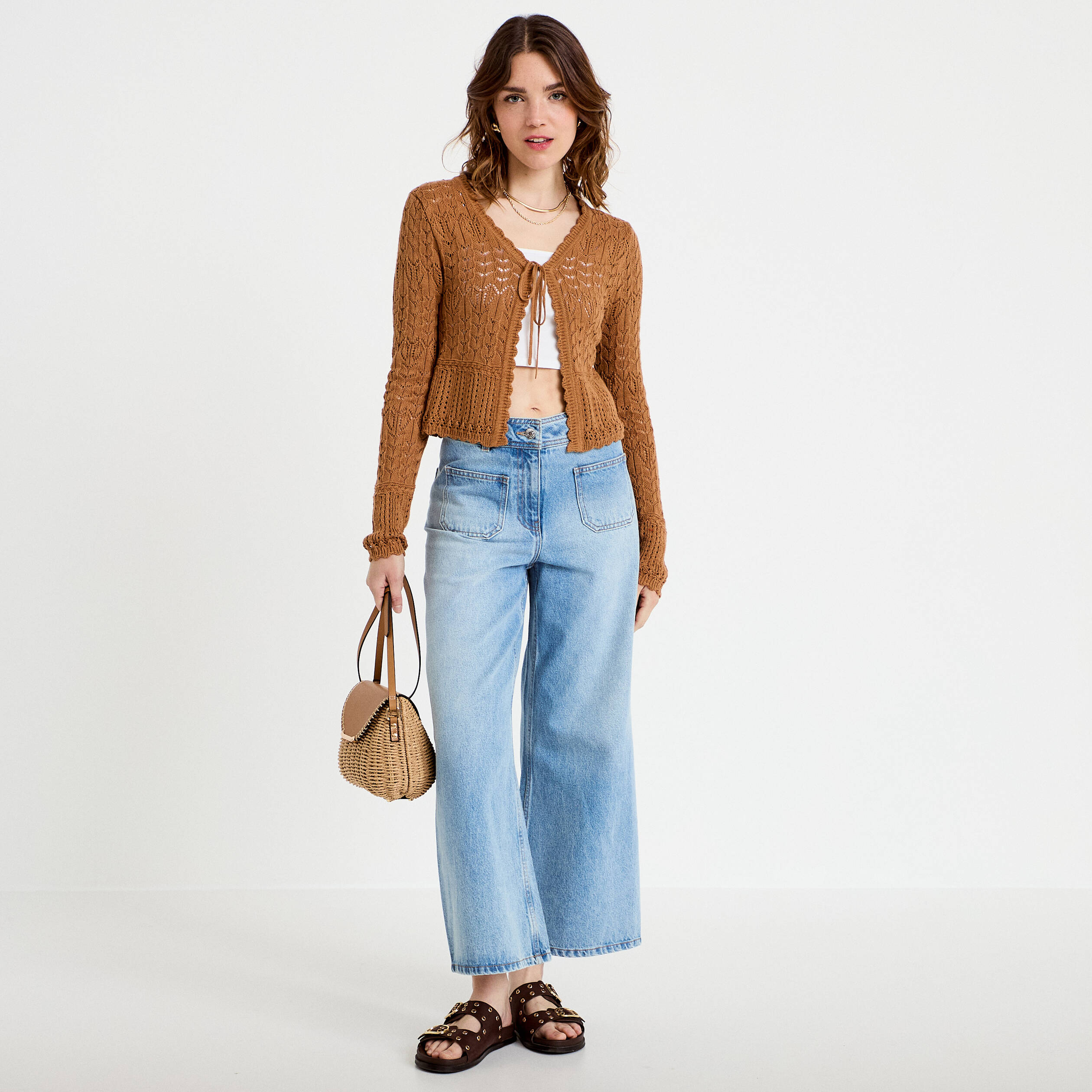 Gilet ajour&eacute; cintr&eacute; manches longues beige femme