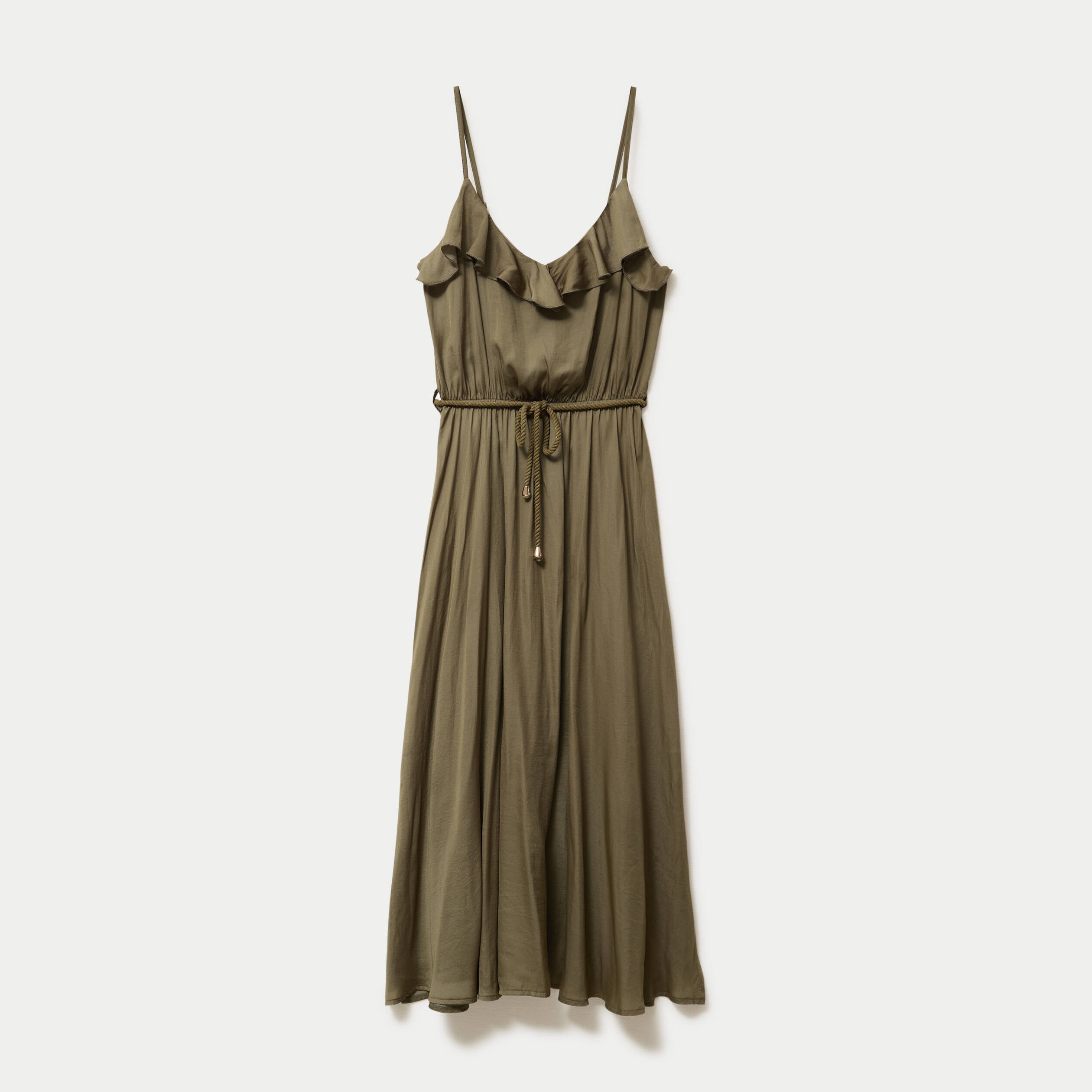 Robe longue &eacute;vas&eacute;e col v bretelles vert kaki femme