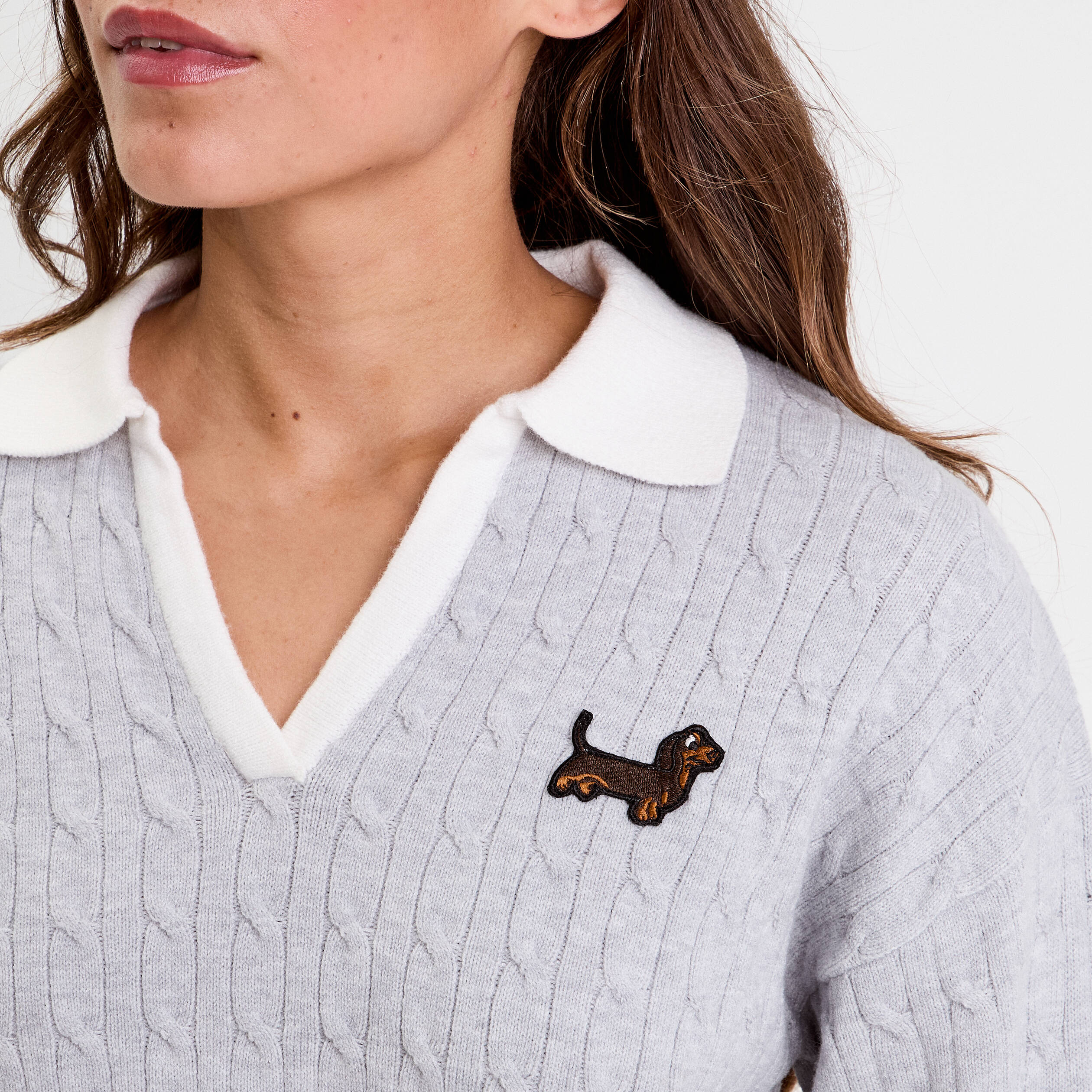 Pull manches longues col polo gris clair femme