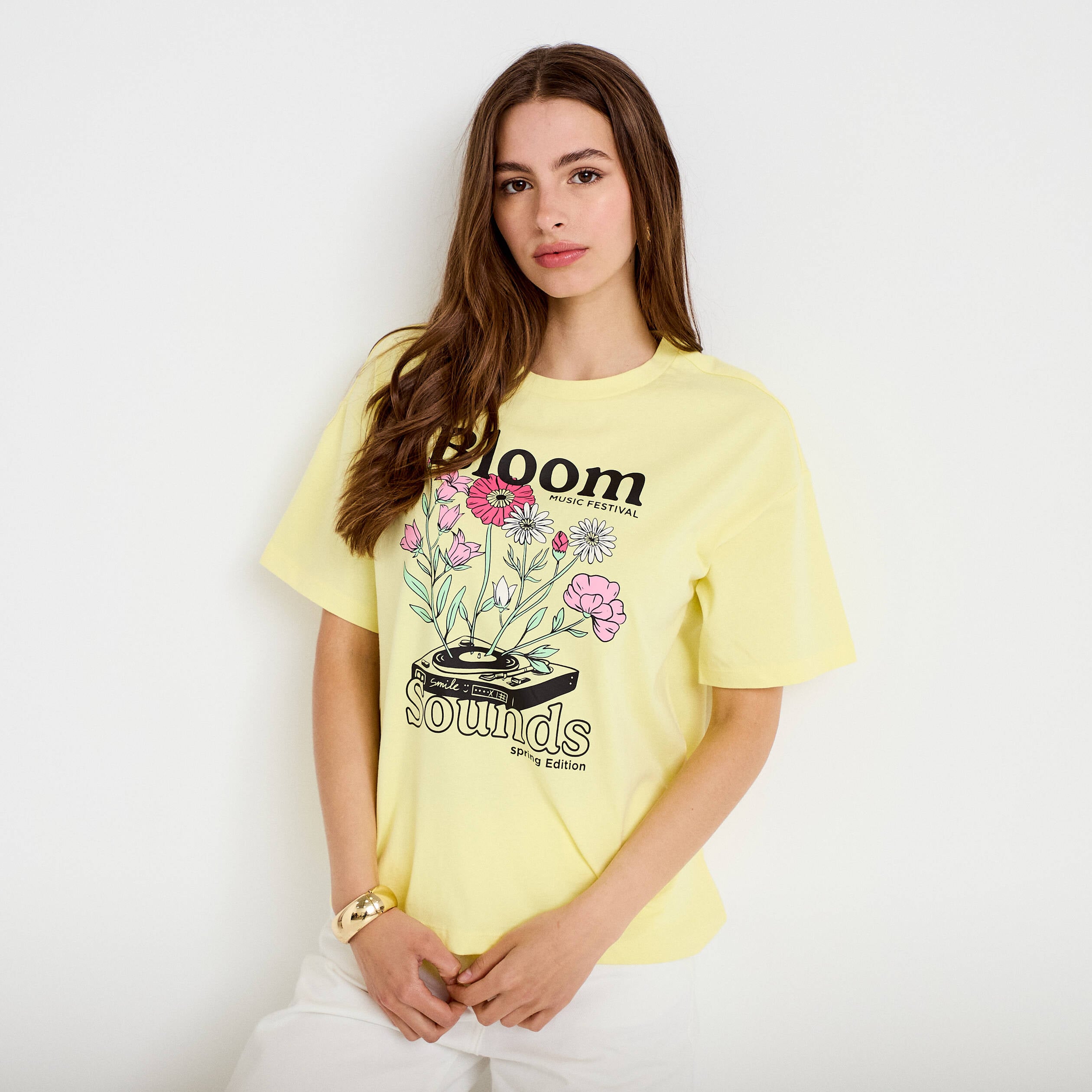 T-shirt oversize manches courtes jaune pastel femme