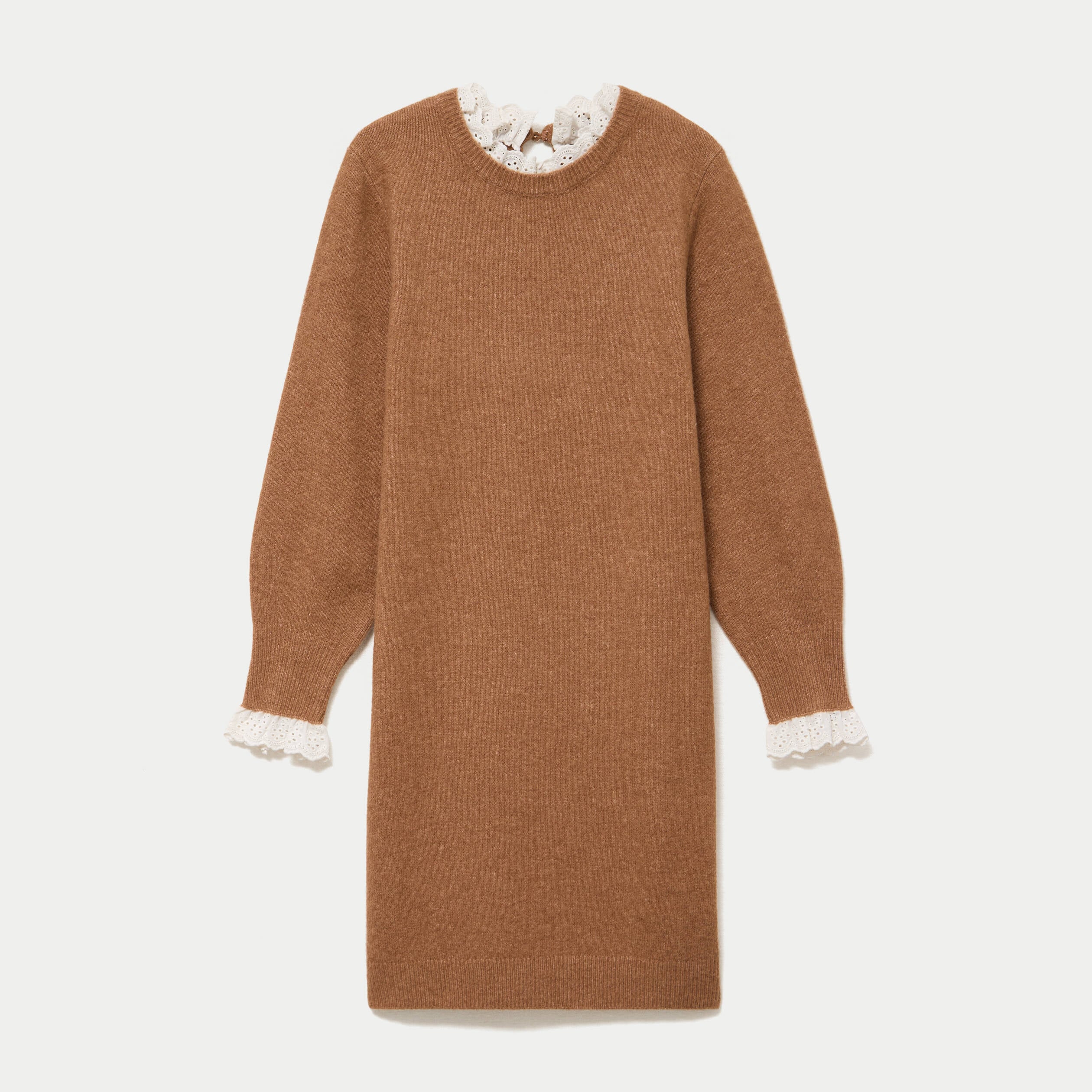 Robe pull ajust&eacute;e col rond dentelle camel femme